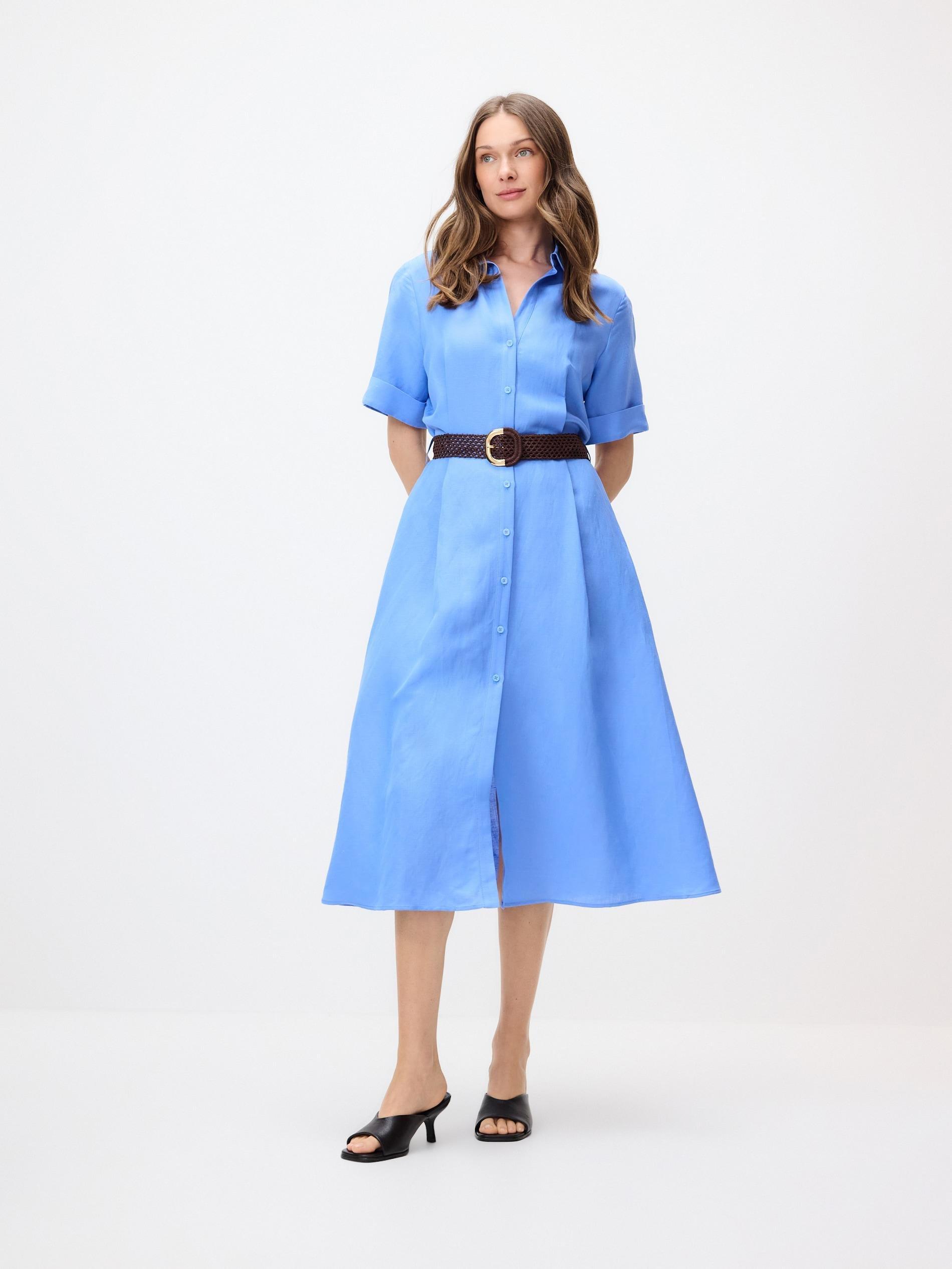 Blue Linen Blend Midi Dress, Blue, large image number 0