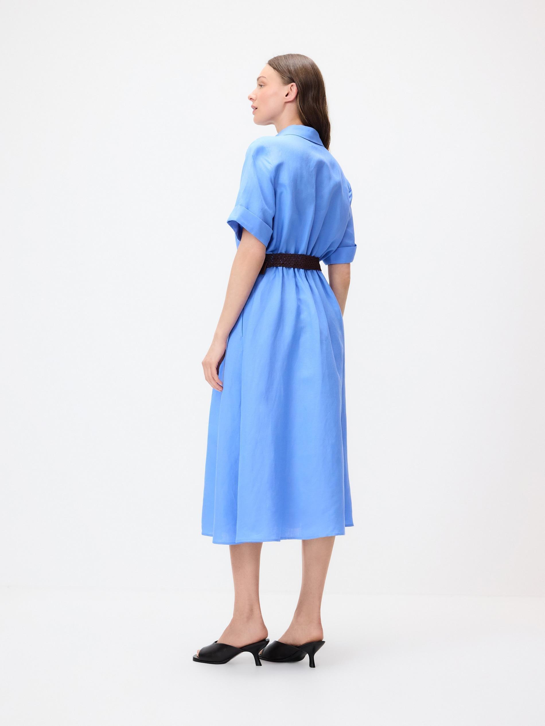 Blue Linen Blend Midi Dress, Blue, large image number 3
