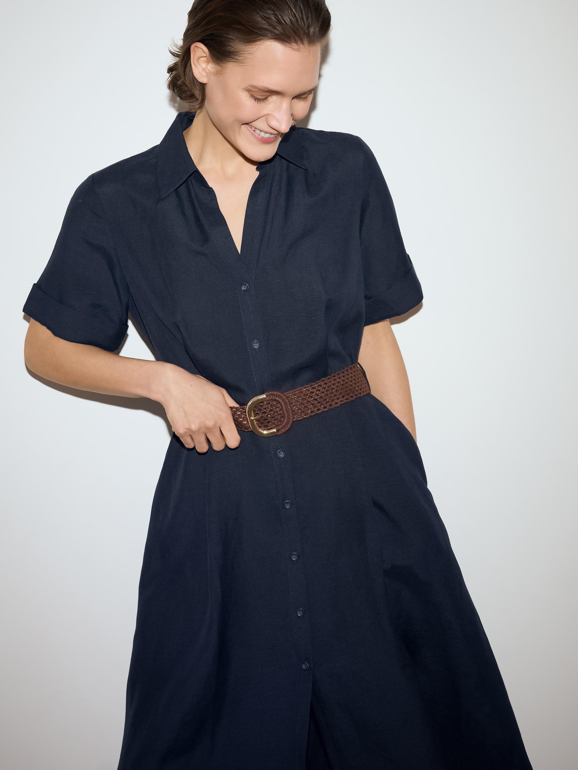 Navy Linen Blend Midi Dress, Navy, large image number 0