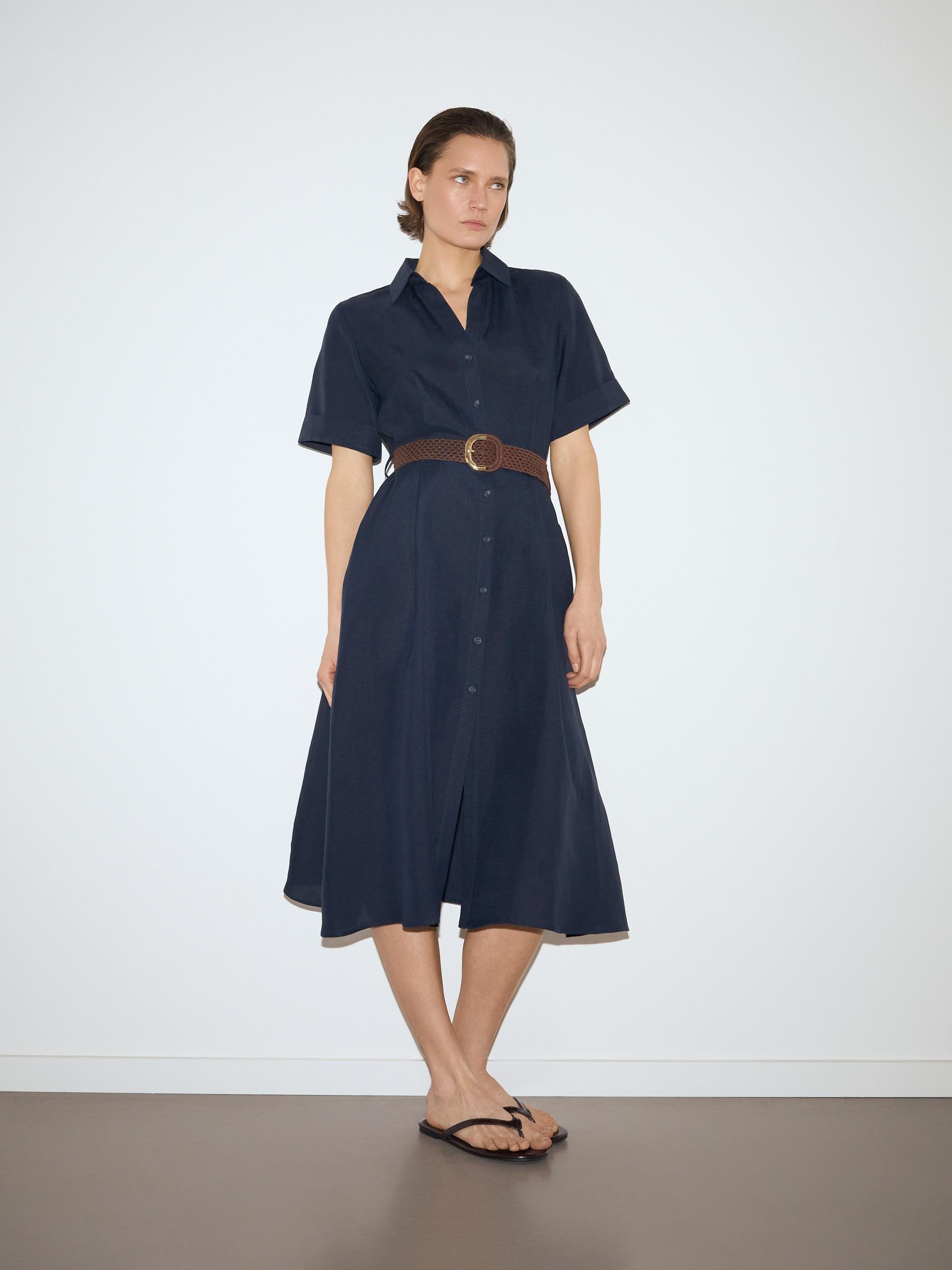 Navy Linen Blend Midi Dress, Navy, large image number 1