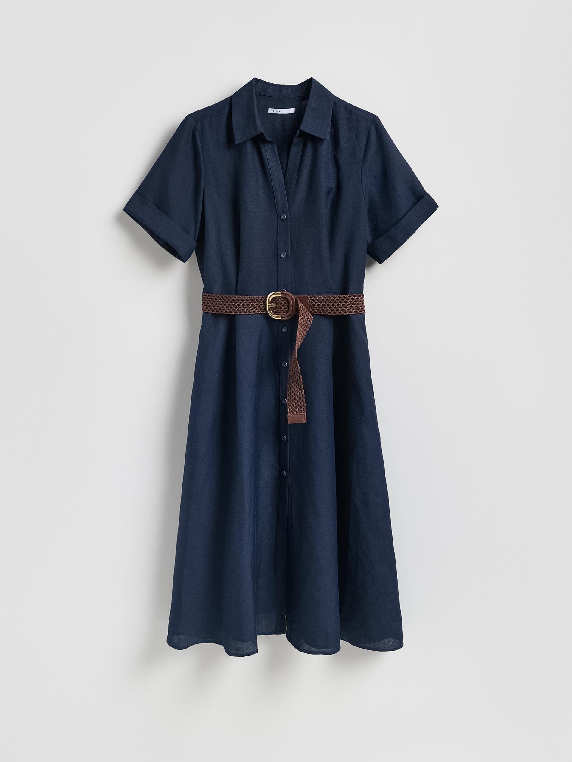 Navy Linen Blend Midi Dress, Navy, medium