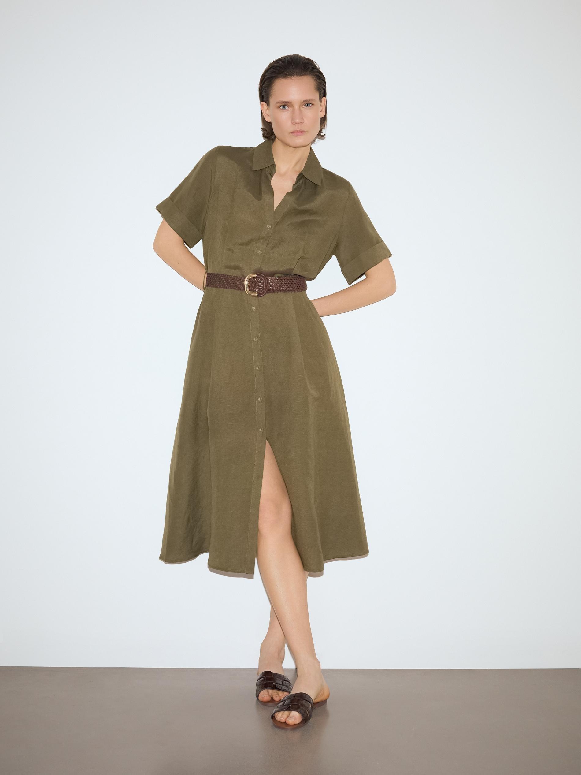 Green Linen Blend Midi Dress, Khaki, medium