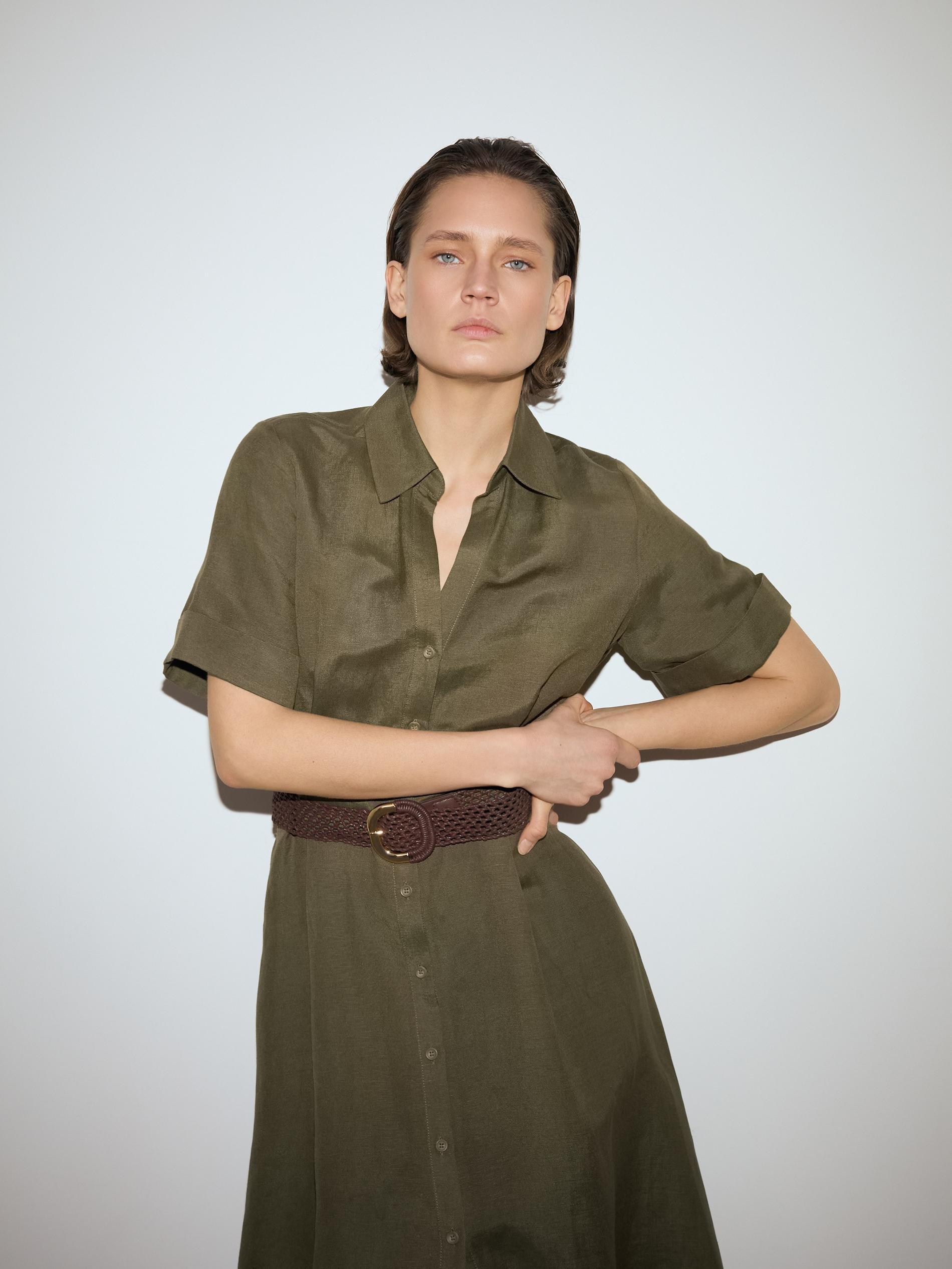 Green Linen Blend Midi Dress, Khaki, large image number 1