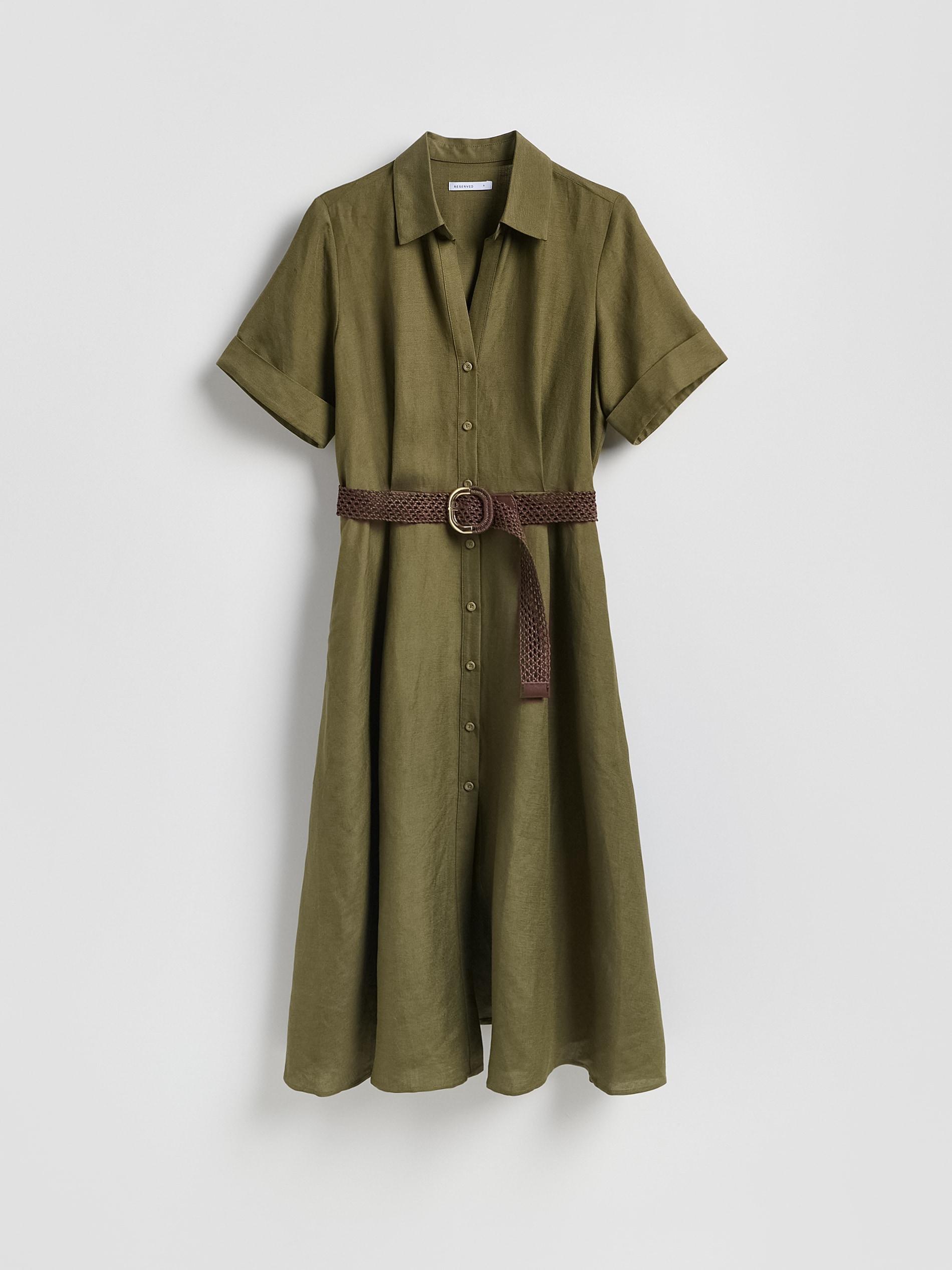 Green Linen Blend Midi Dress, Khaki, medium