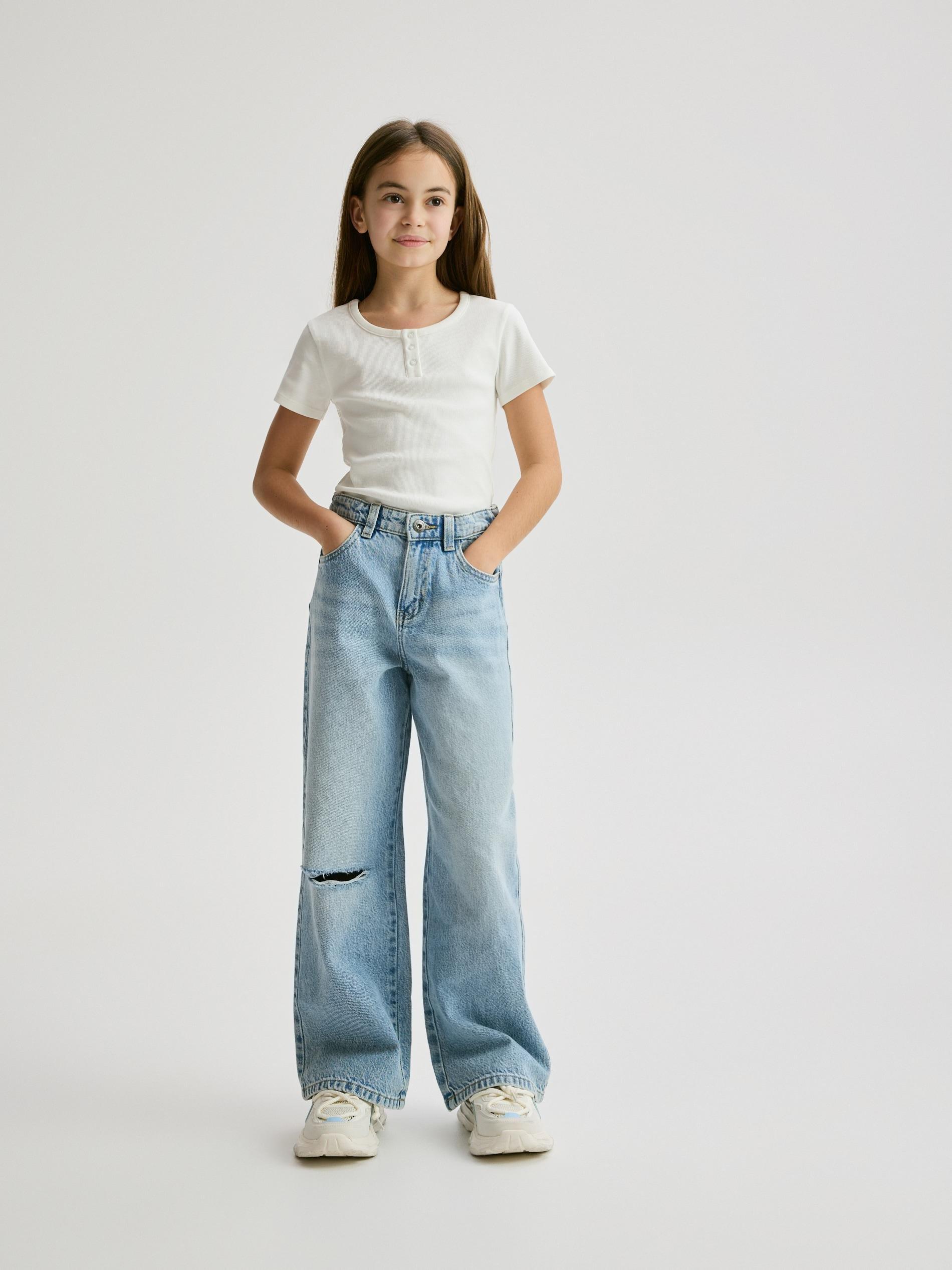 Blue Distressed Wide-Leg Jeans, Blue, medium