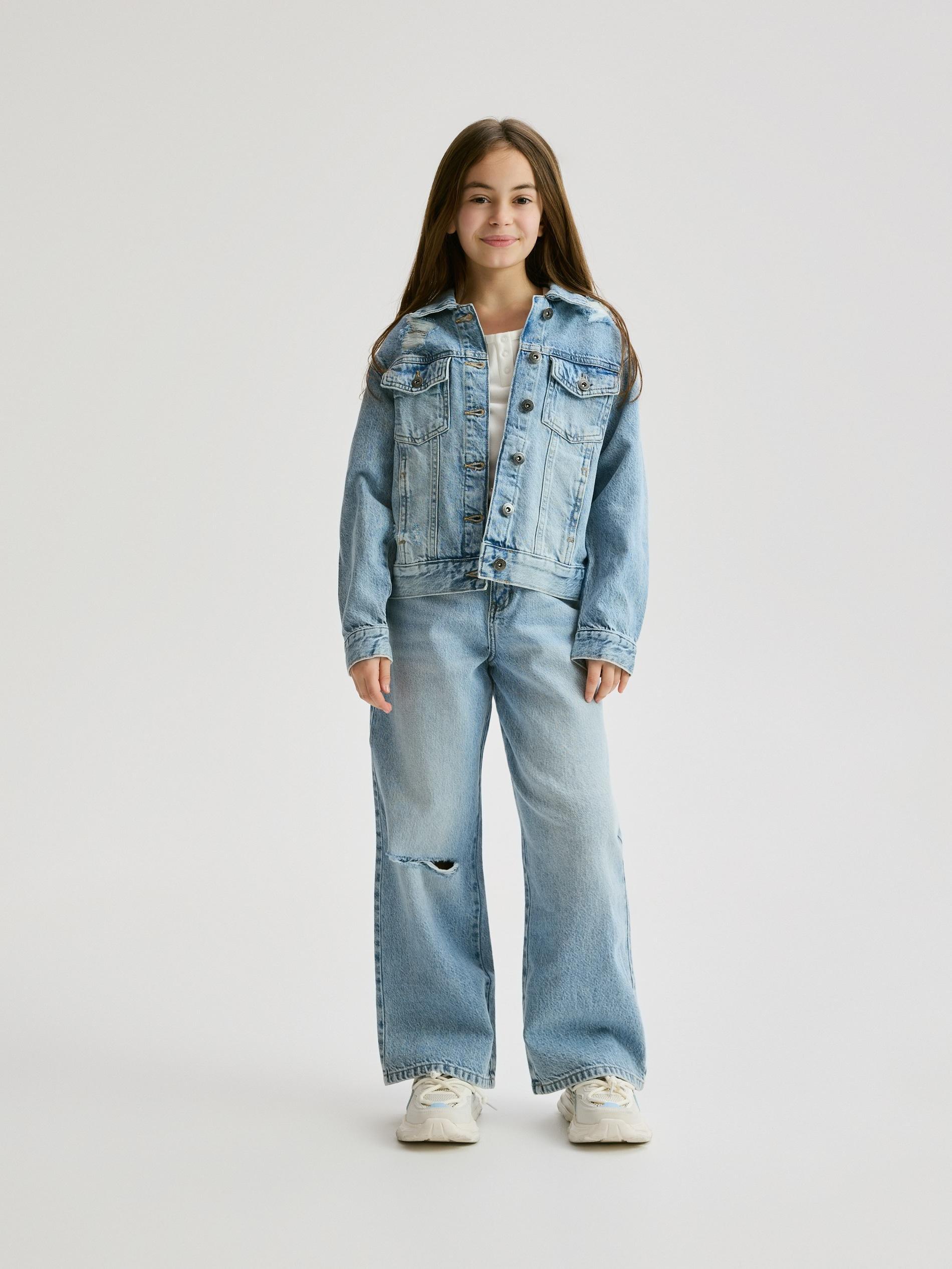 Blue Distressed Wide-Leg Jeans, Blue, large image number 1