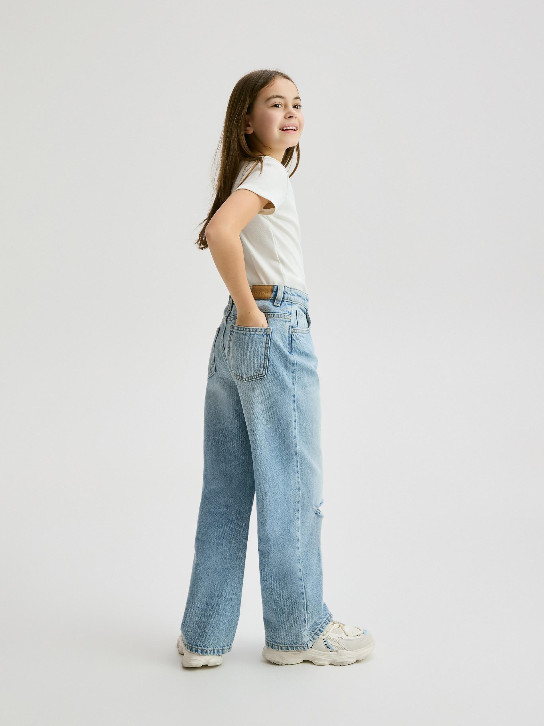 Blue Distressed Wide-Leg Jeans, Blue, large image number 5