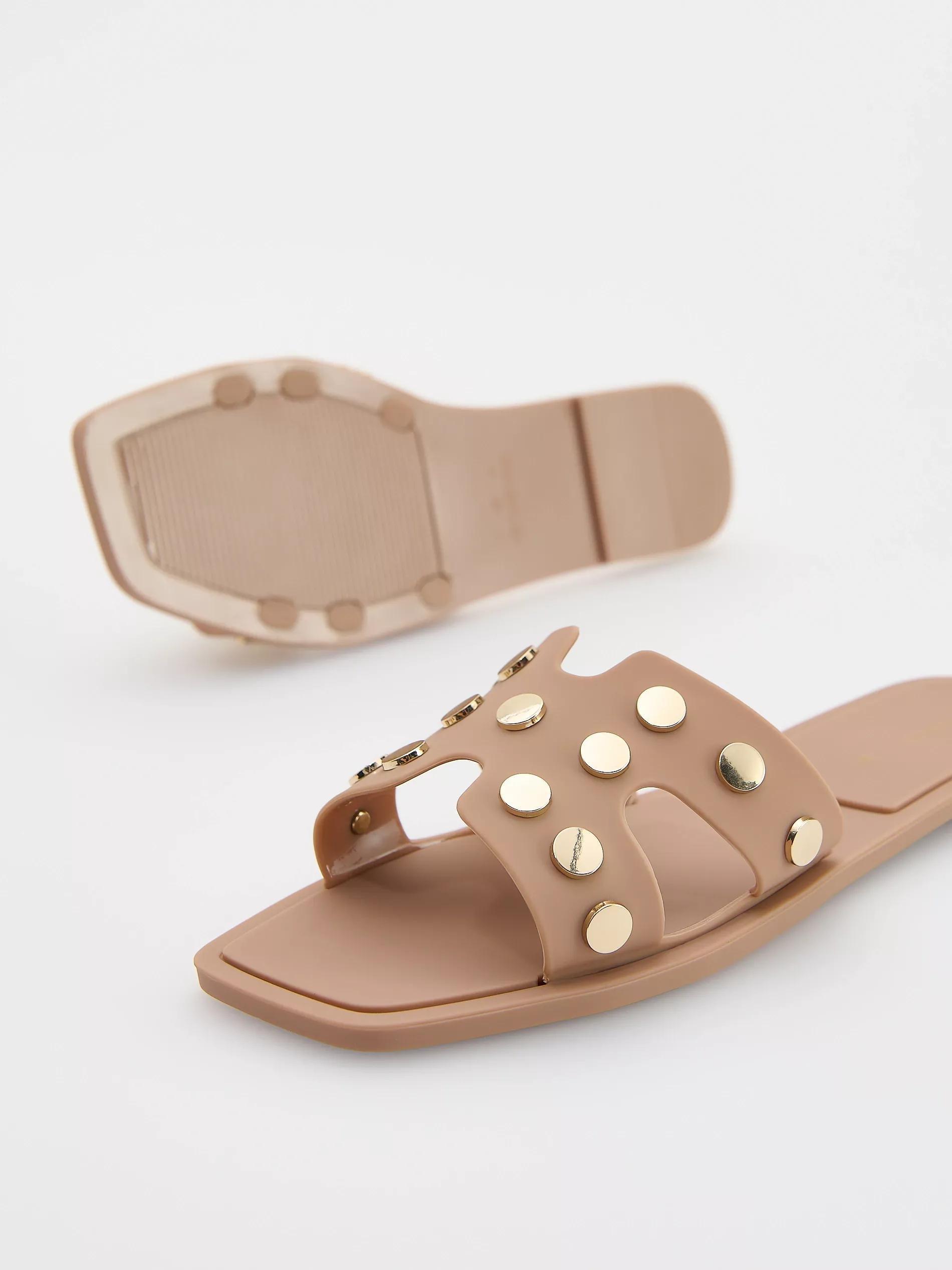 Beige Leather Rich Sliders With Rivets, Beige, large image number 3