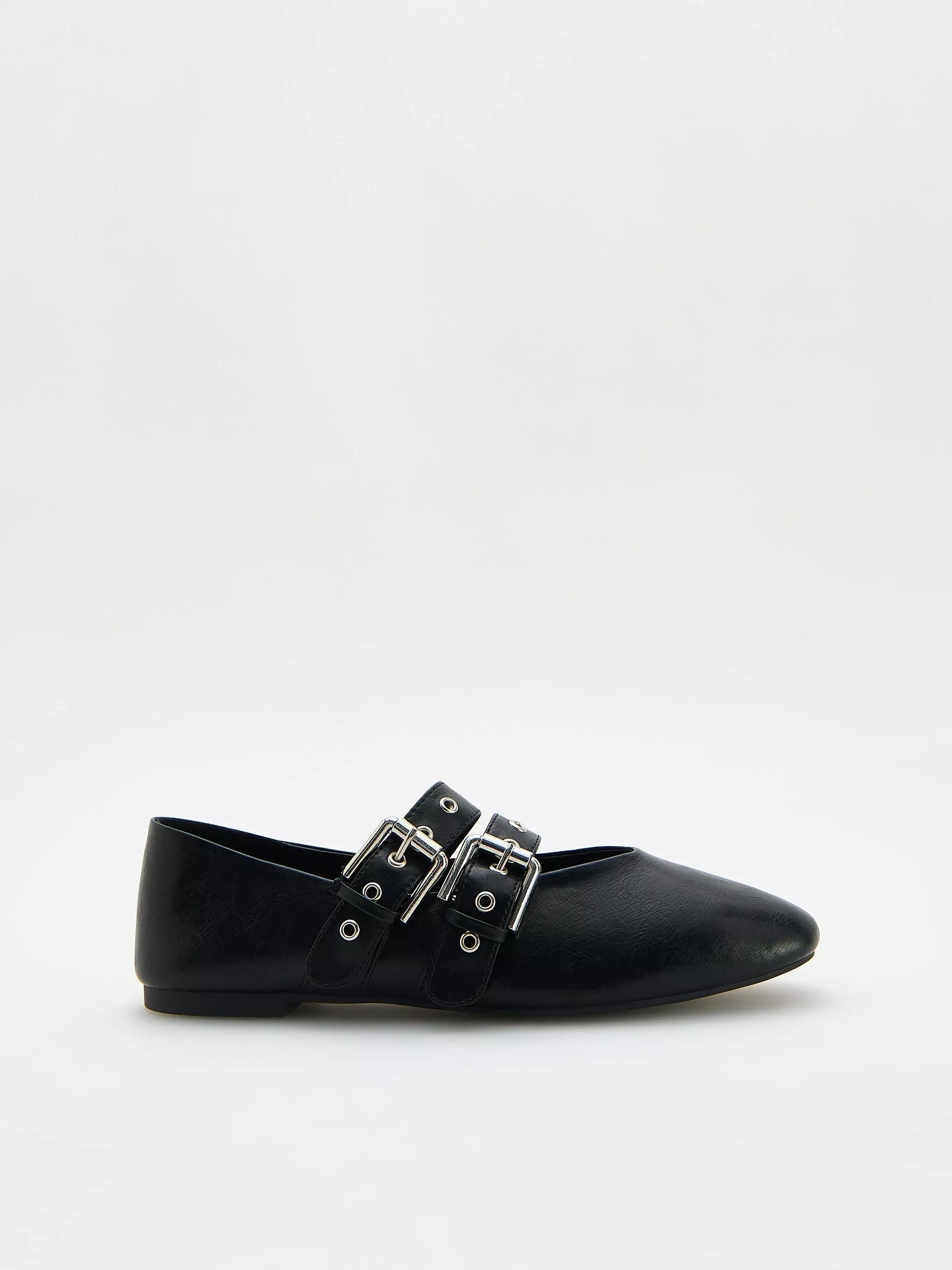 Black Leather Ballet Flats With Straps, , large image number 0