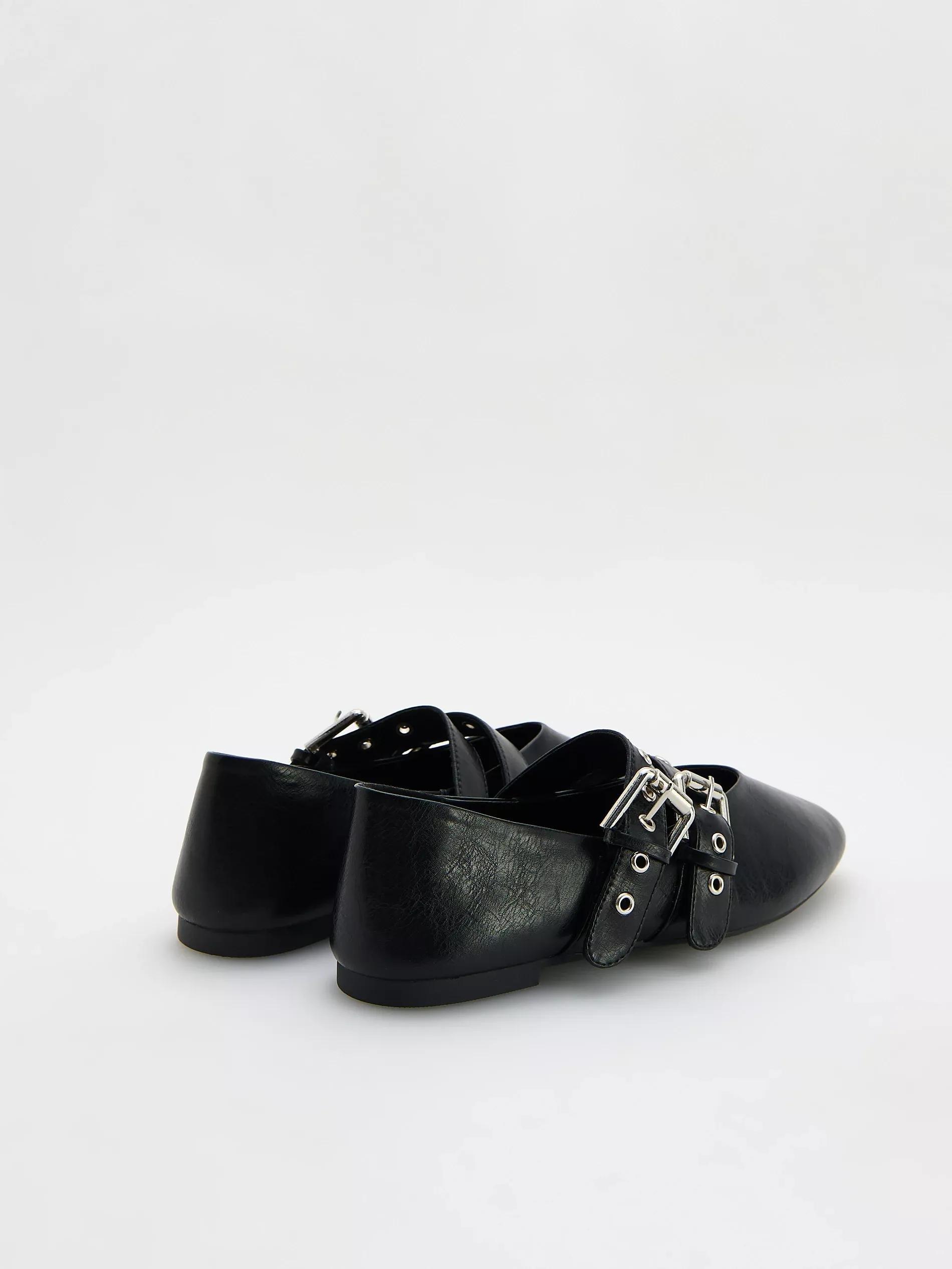 Black Leather Ballet Flats With Straps, , large image number 2