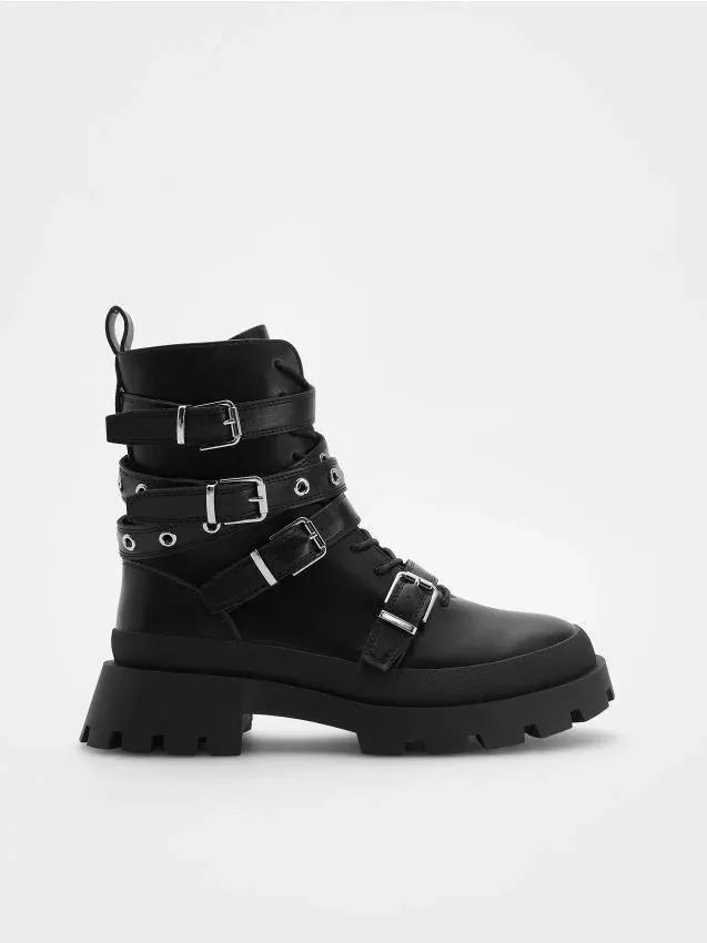 Black Ankle Boots With Decorative Straps, , large image number 0