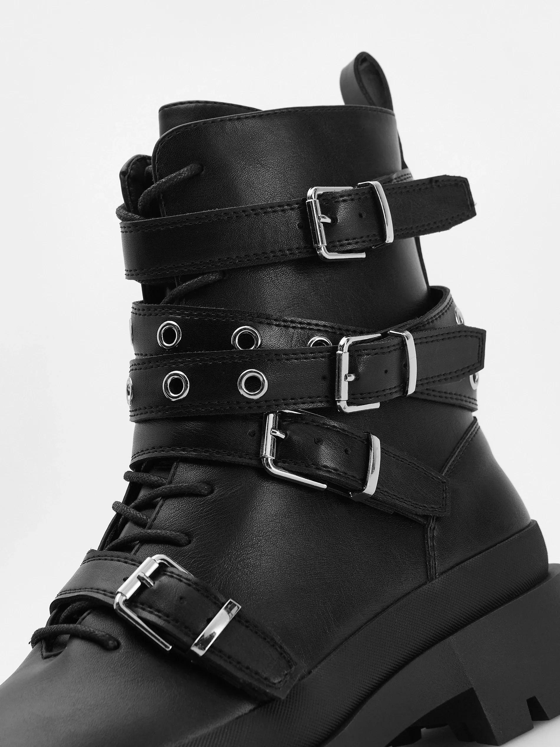 Black Ankle Boots With Decorative Straps, , large image number 4