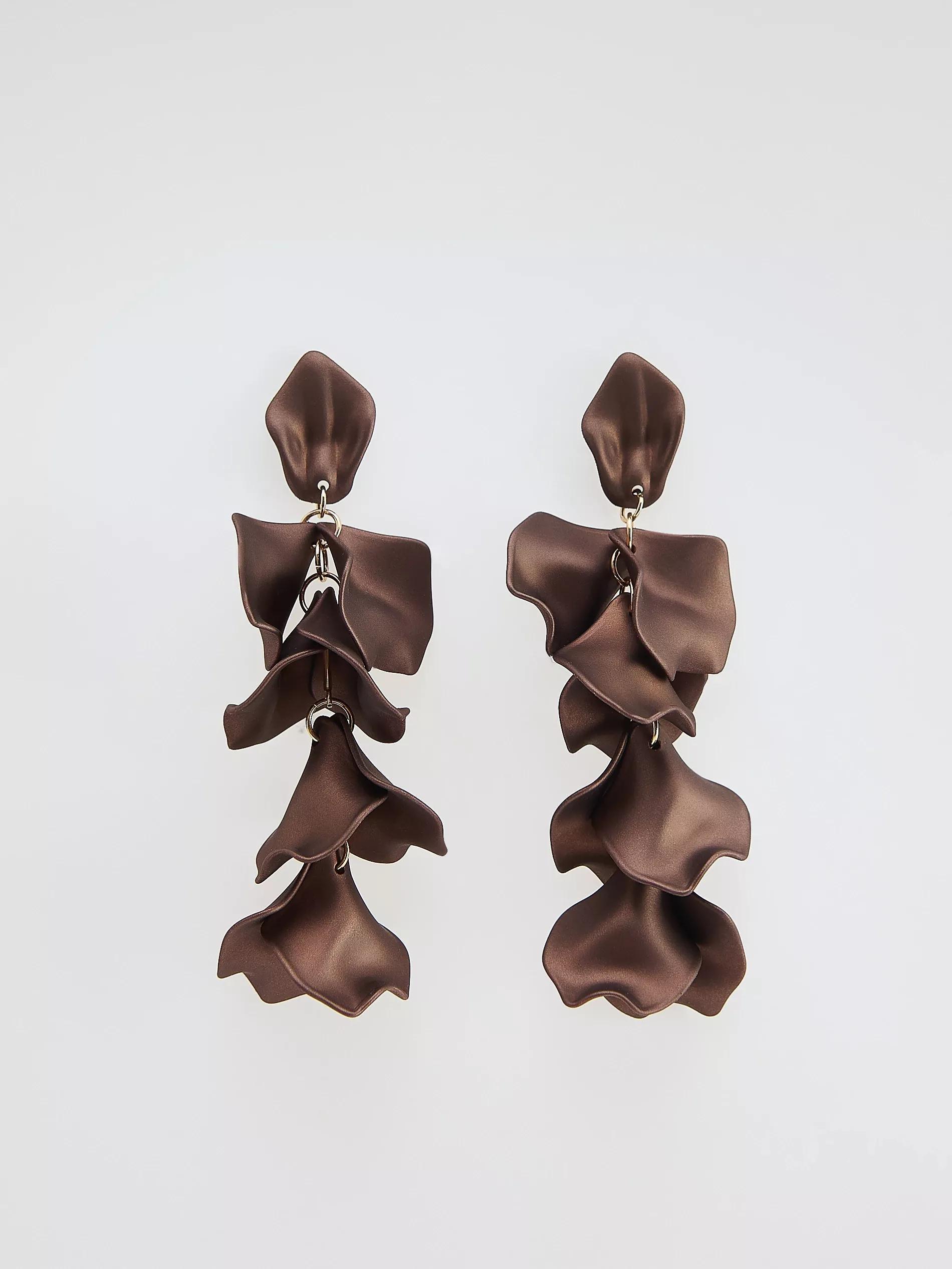 Brown Long Drop Earrings, Brown, large image number 0