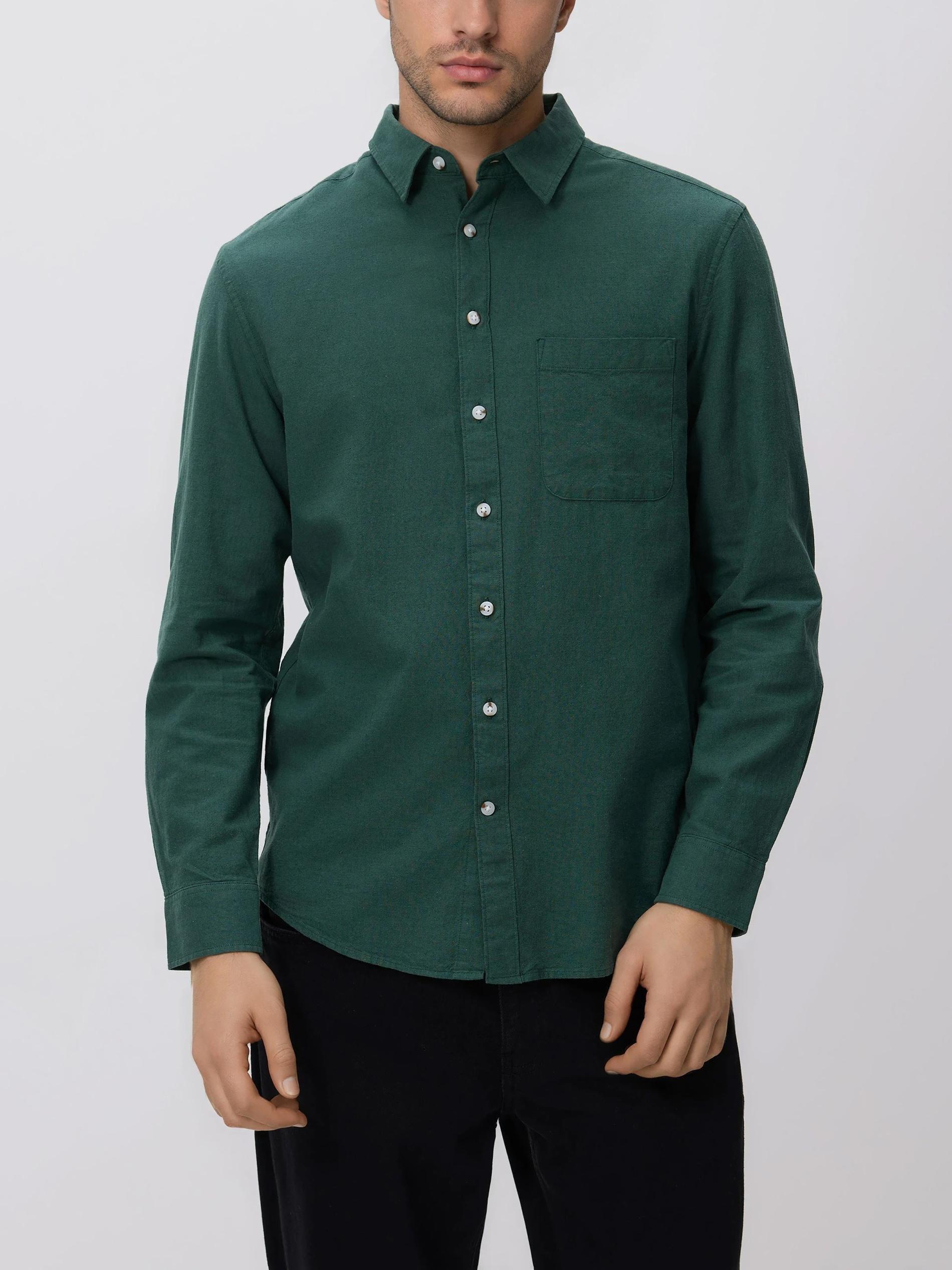 Green Regular Fit Linen Rich Shirt, Khaki, medium