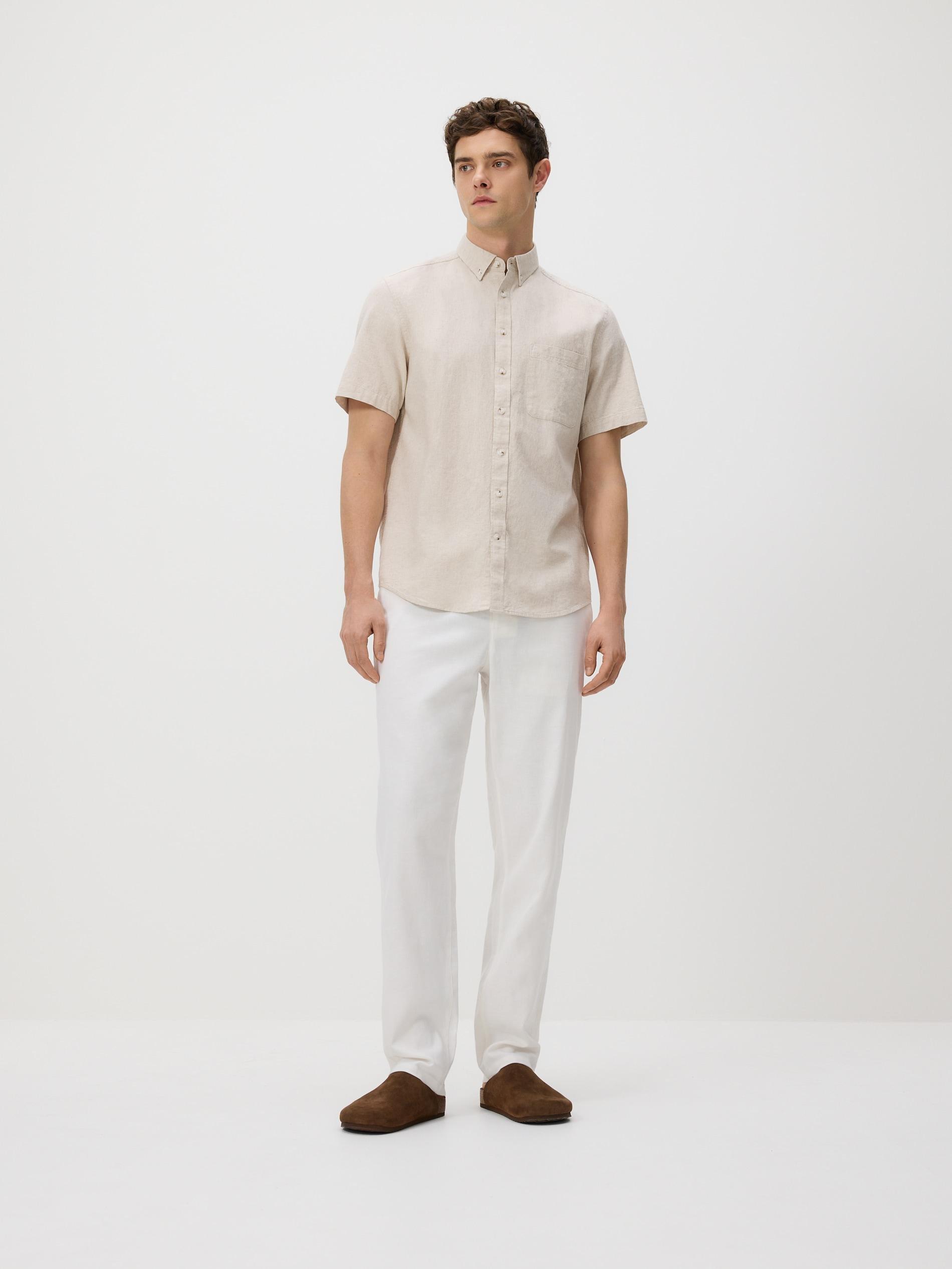 Beige Regular Fit Linen Rich Shirt, Ivory, large image number 1