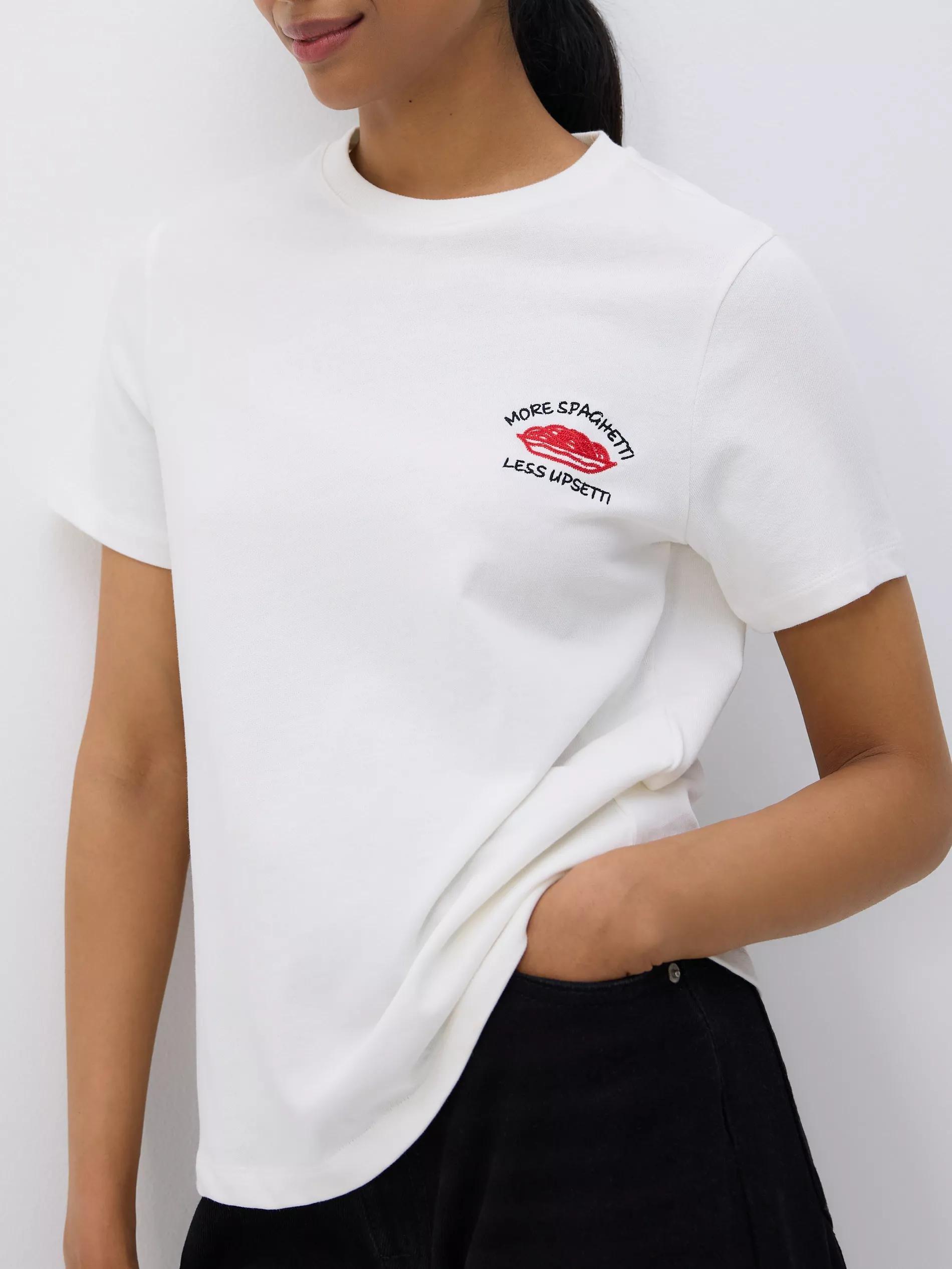 Cream Printed T-Shirt With Embroidery, , large image number 0