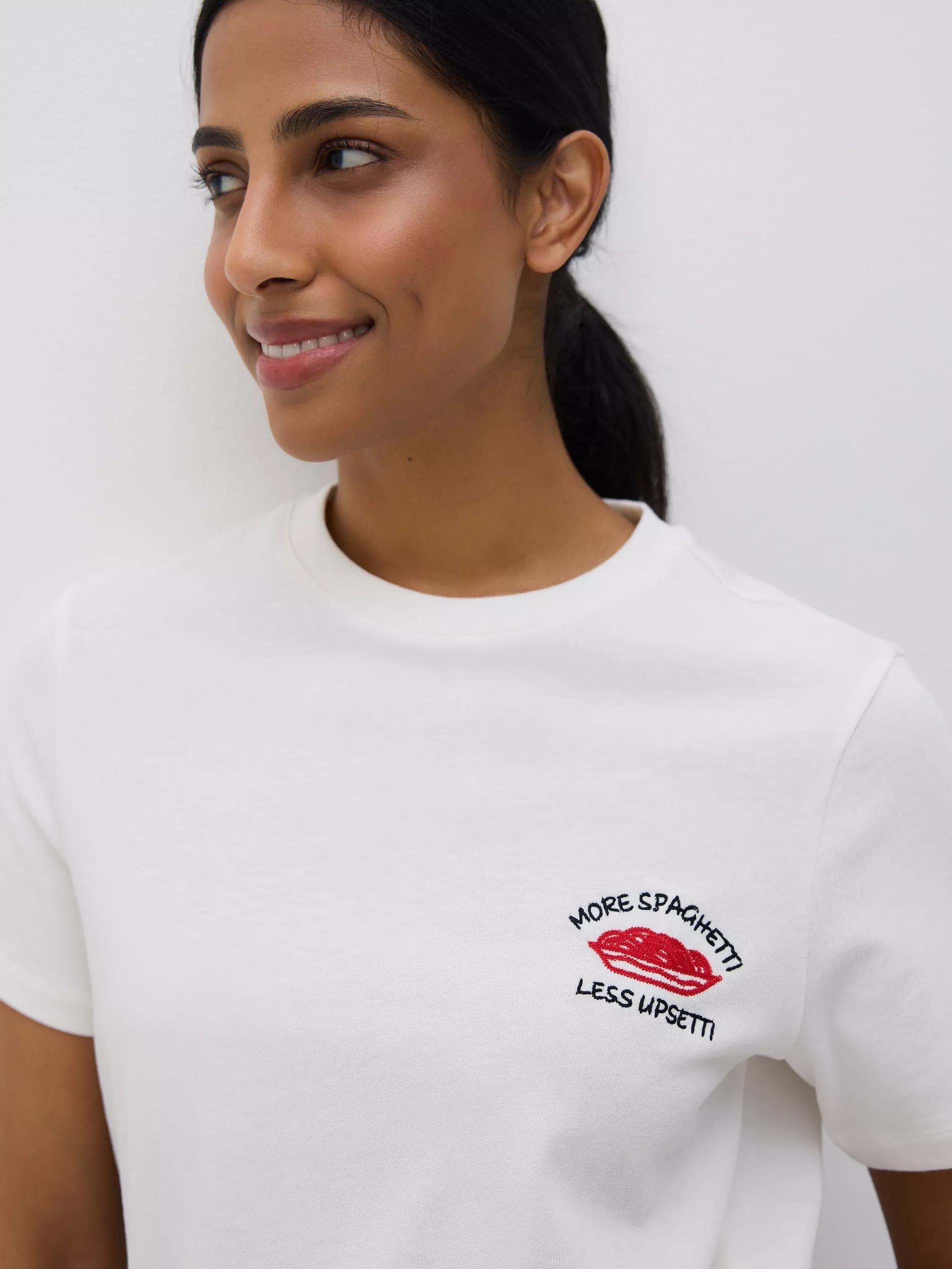 Cream Printed T-Shirt With Embroidery, , large image number 2