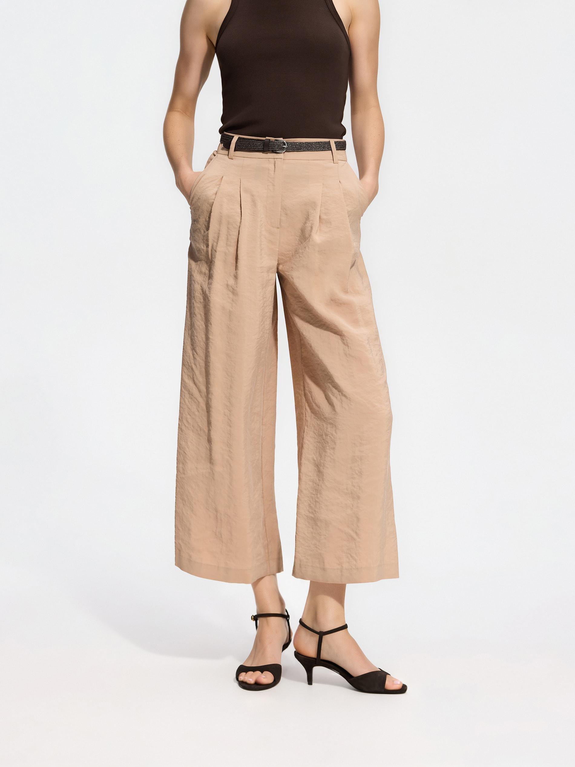 Beige Trousers With Tie Waist Belt, Beige, medium