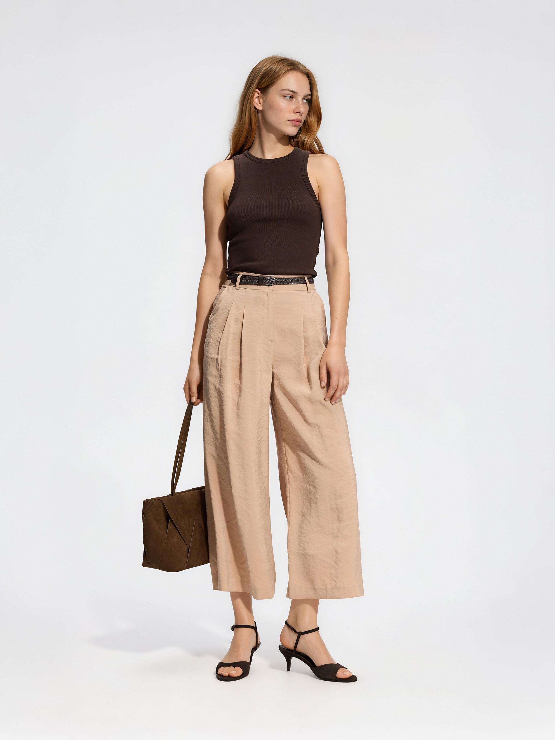 Beige Trousers With Tie Waist Belt, Beige, medium