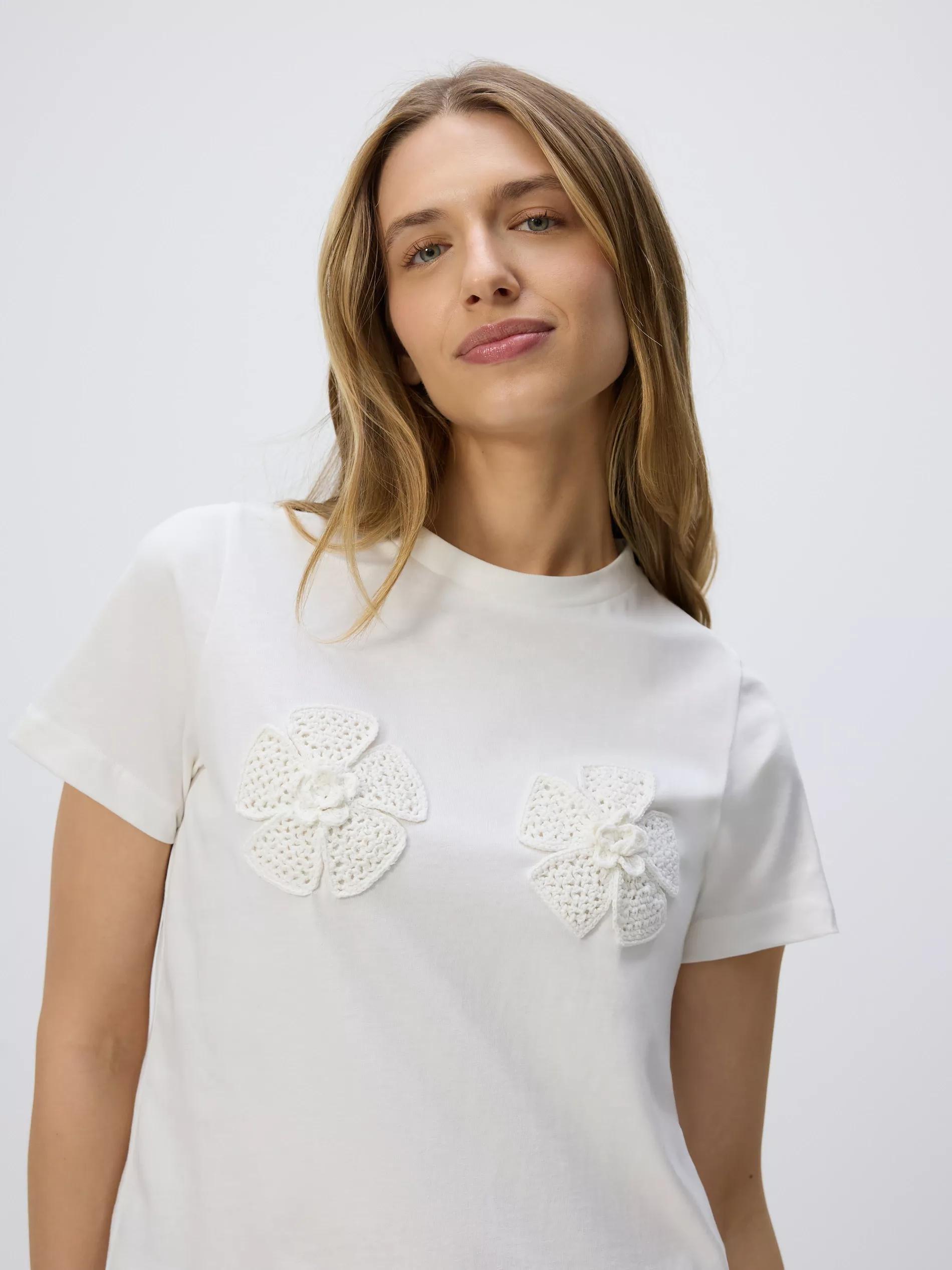 Cream T-Shirt With Crochet Appliques, , large image number 0