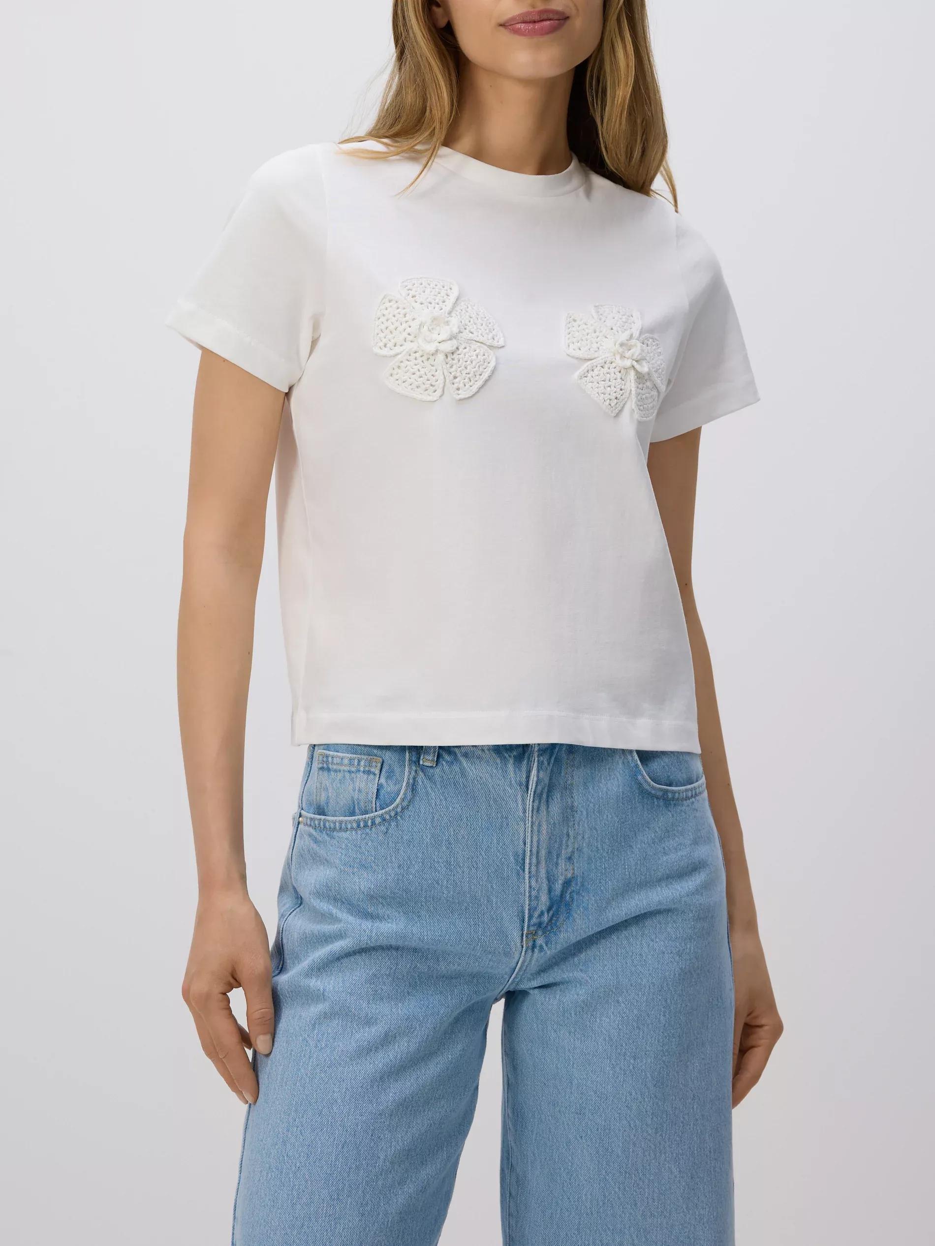 Cream T-Shirt With Crochet Appliques, , large image number 1