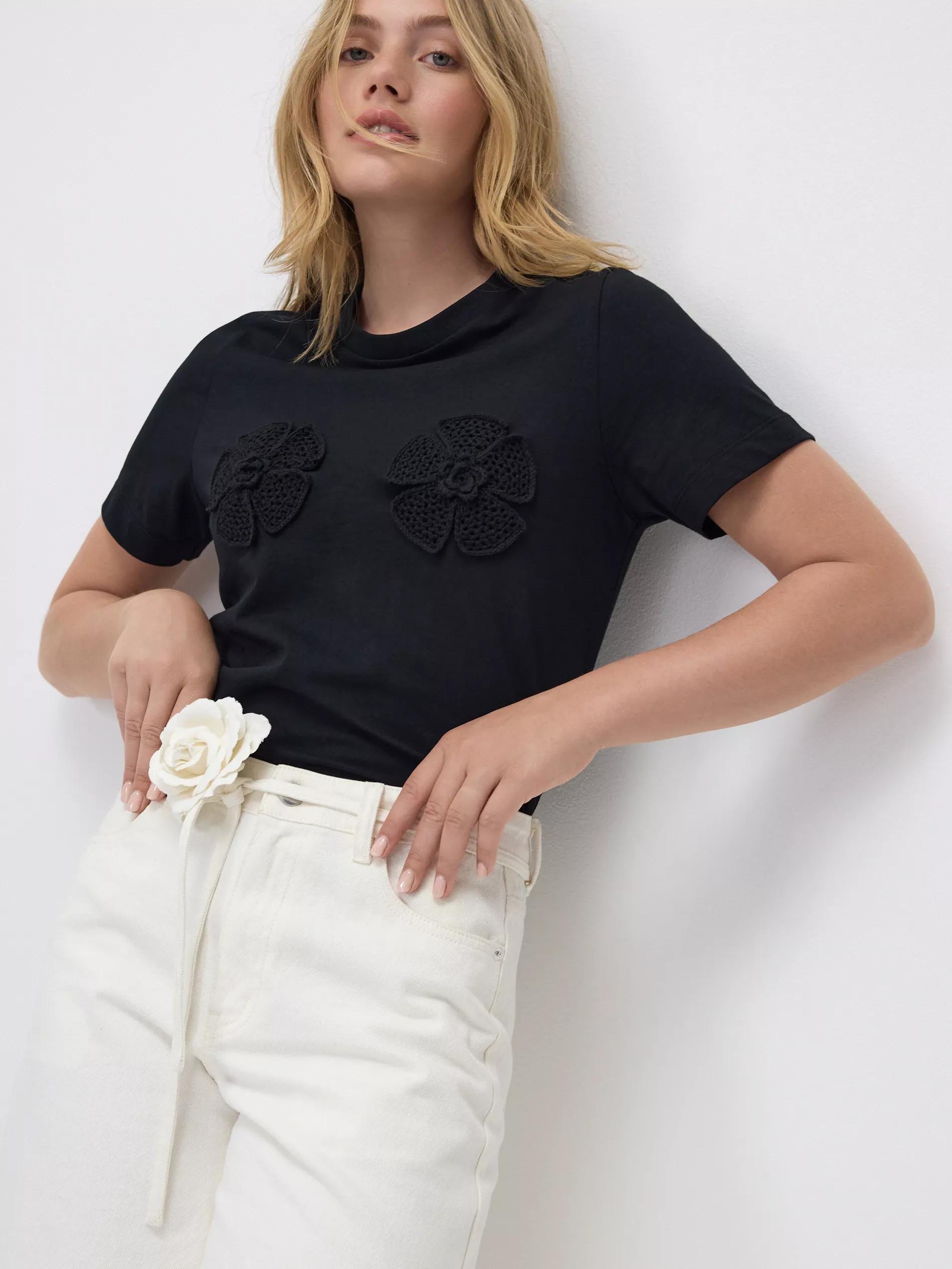 Black T-Shirt With Crochet Appliques, , large image number 0