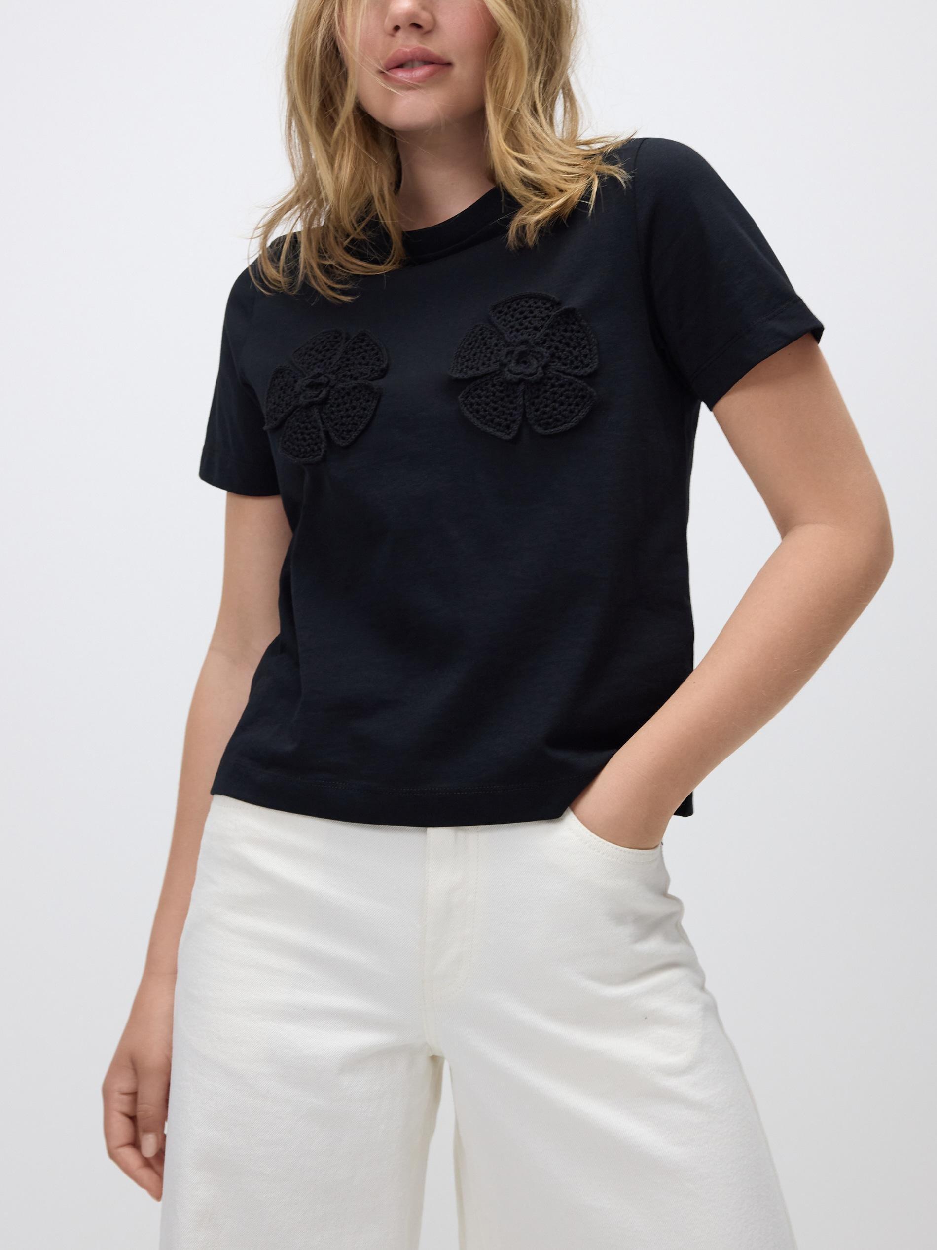 Black T-Shirt With Crochet Appliques, Black, large image number 3