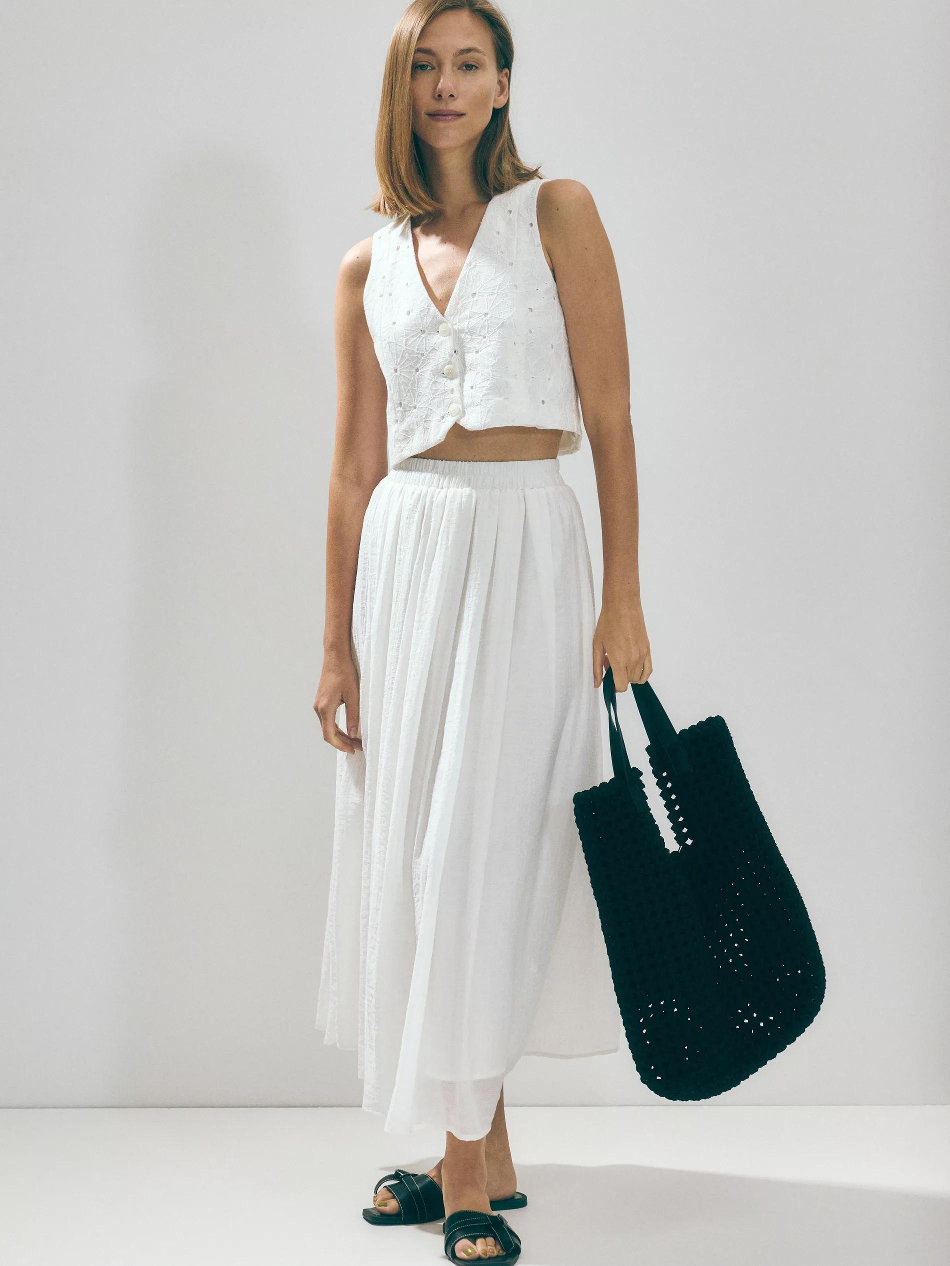 Cream Midi Flowy Skirt, , large image number 1