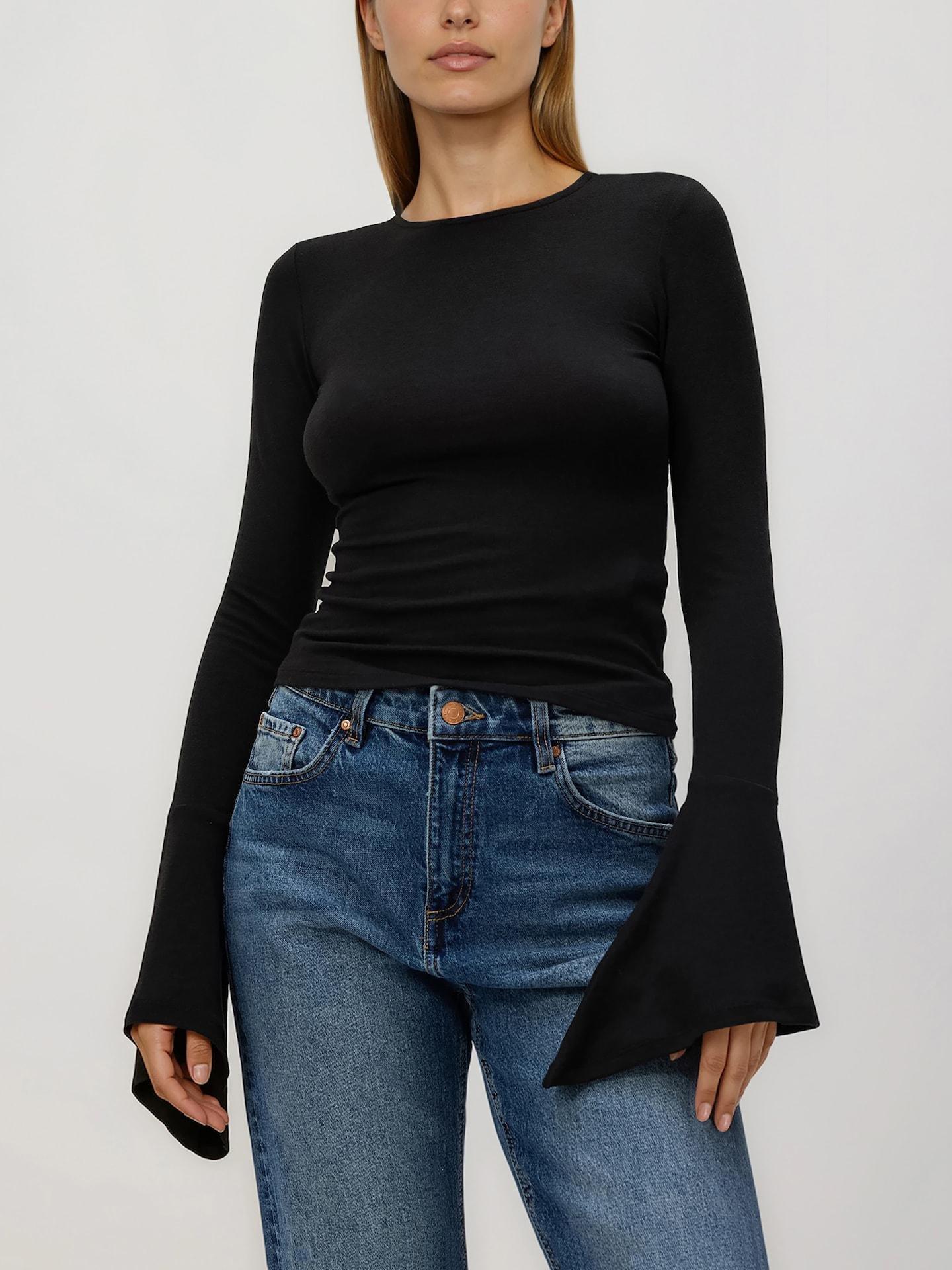 Black Blouse With Flared Sleeves, Black, large image number 0