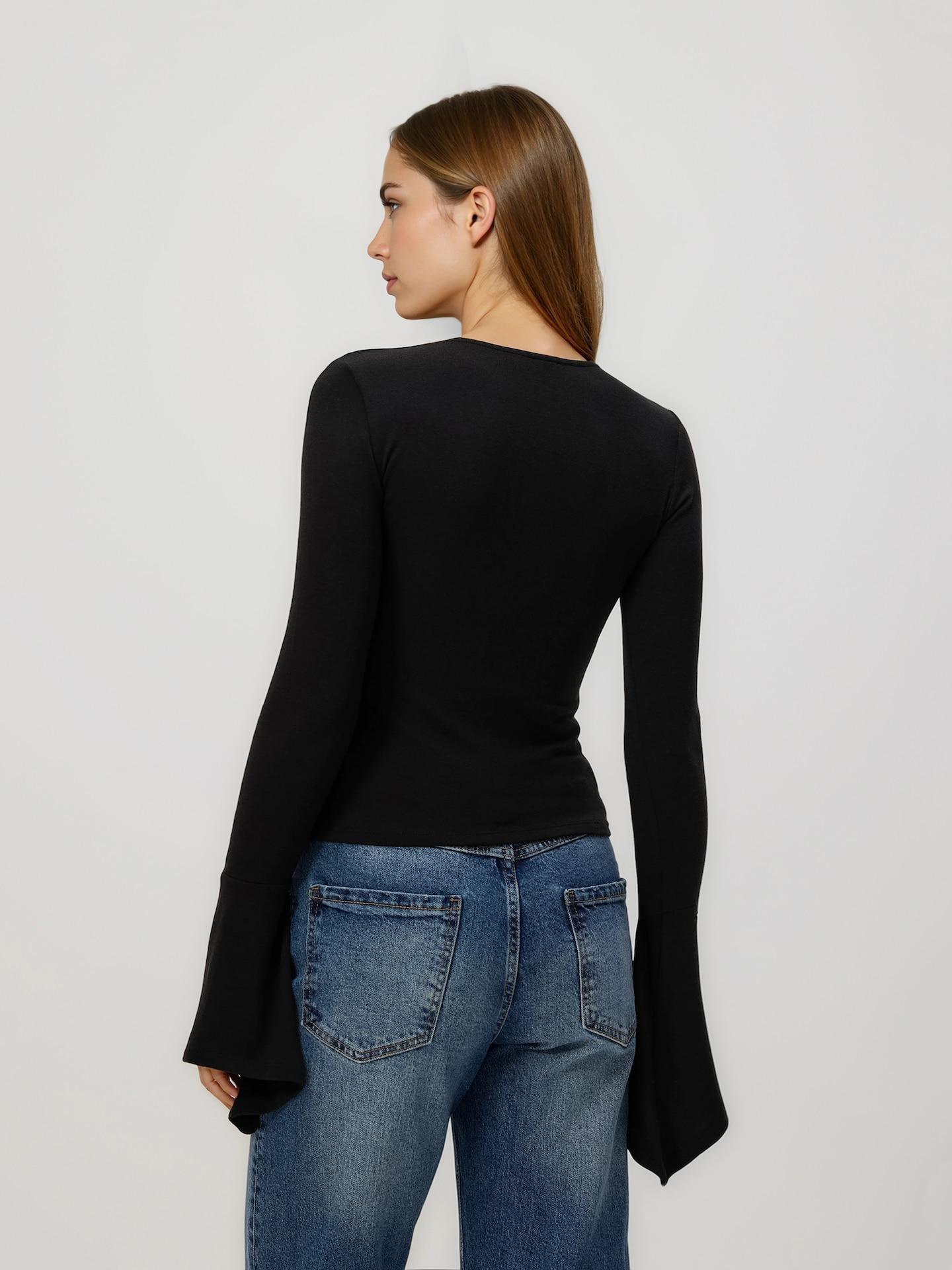 Black Blouse With Flared Sleeves, Black, large image number 3