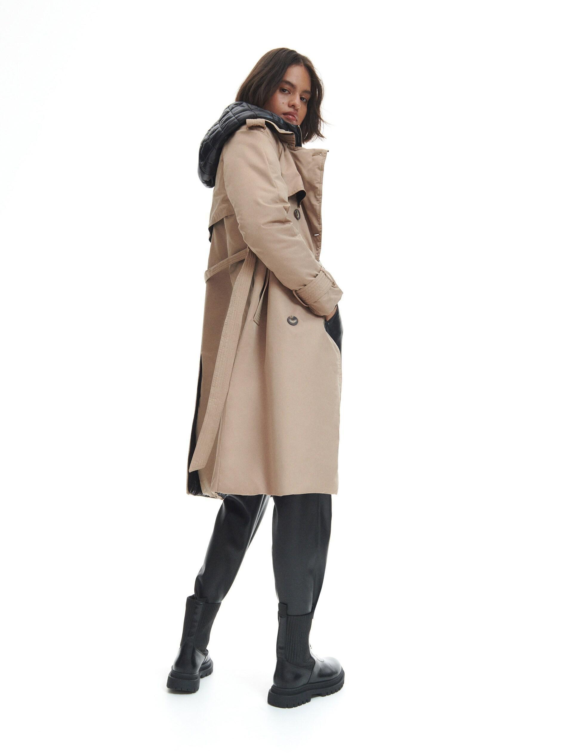 Beige Hooded Trench Coat, , large image number 3