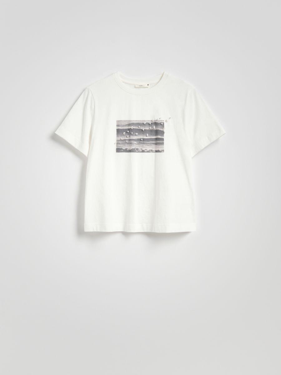 White T-Shirt With Print And Appliqué, , medium