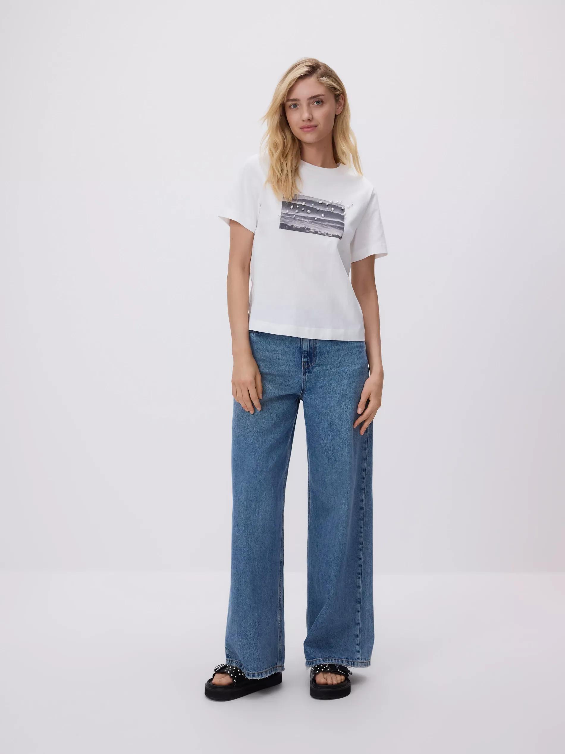 White T-Shirt With Print And Appliqué, , large image number 0