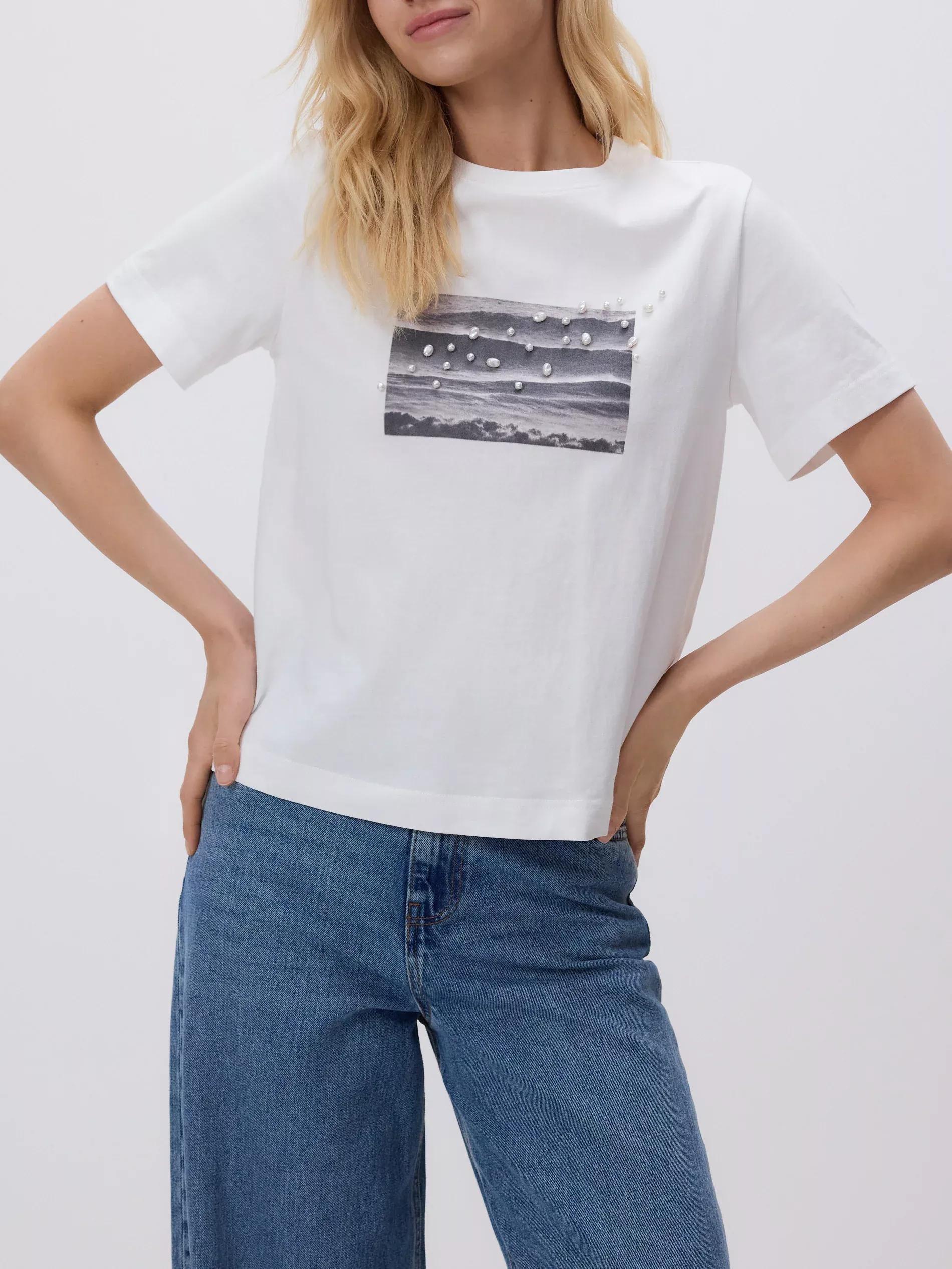 White T-Shirt With Print And Appliqué, , large image number 1