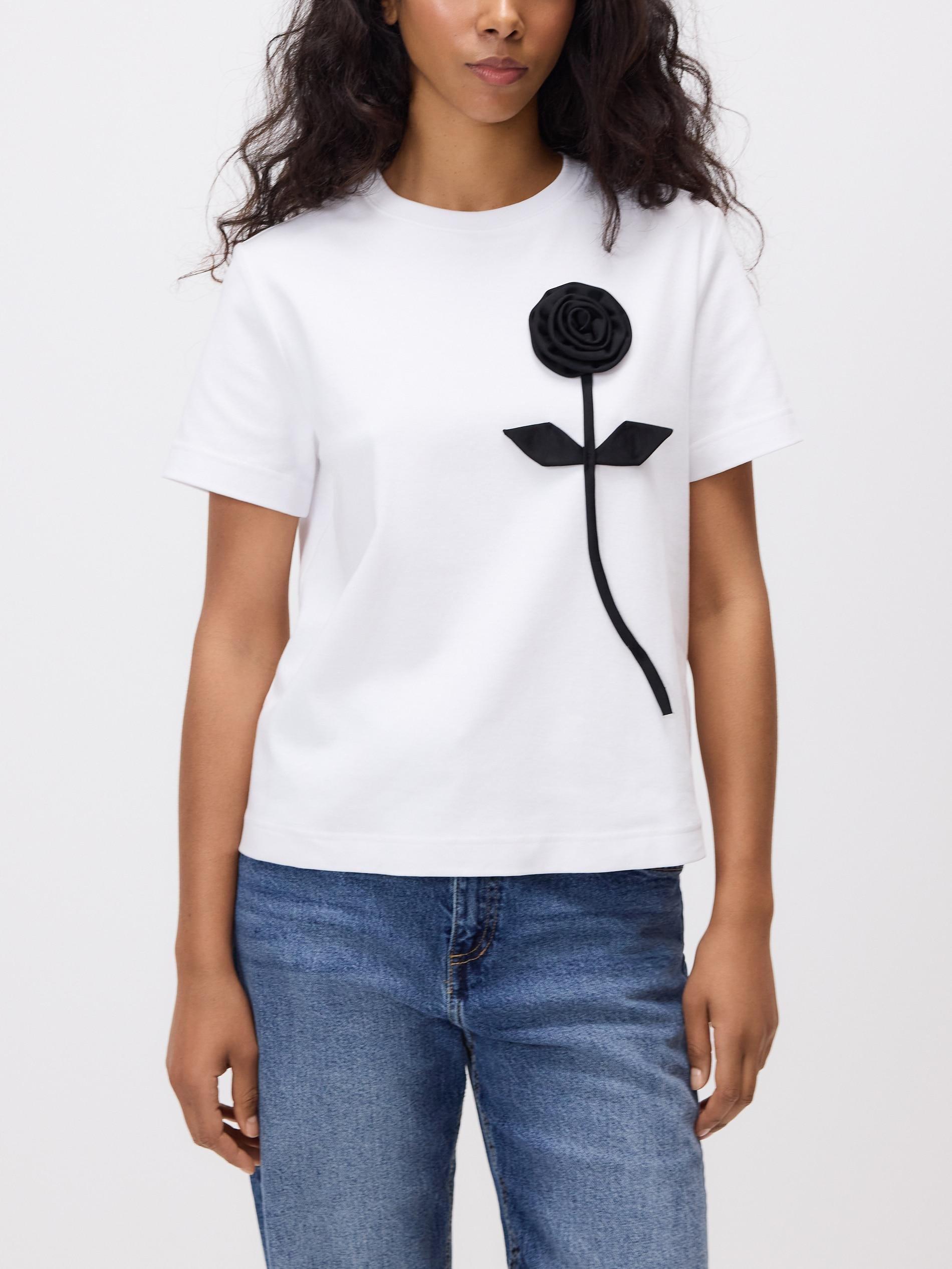 White T-Shirt With Flower Appplique, White, large image number 0