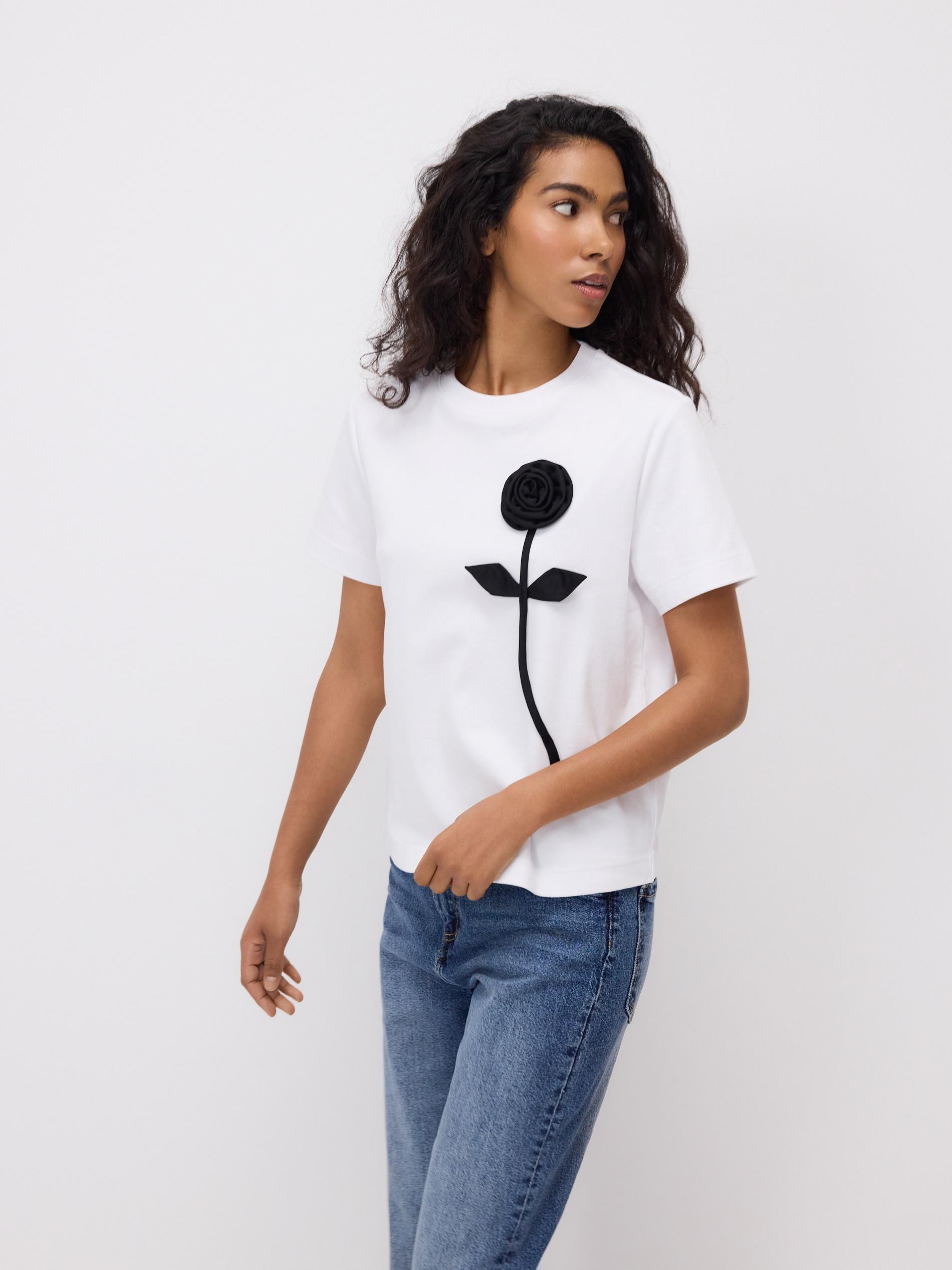White T-Shirt With Flower Appplique, White, large image number 1
