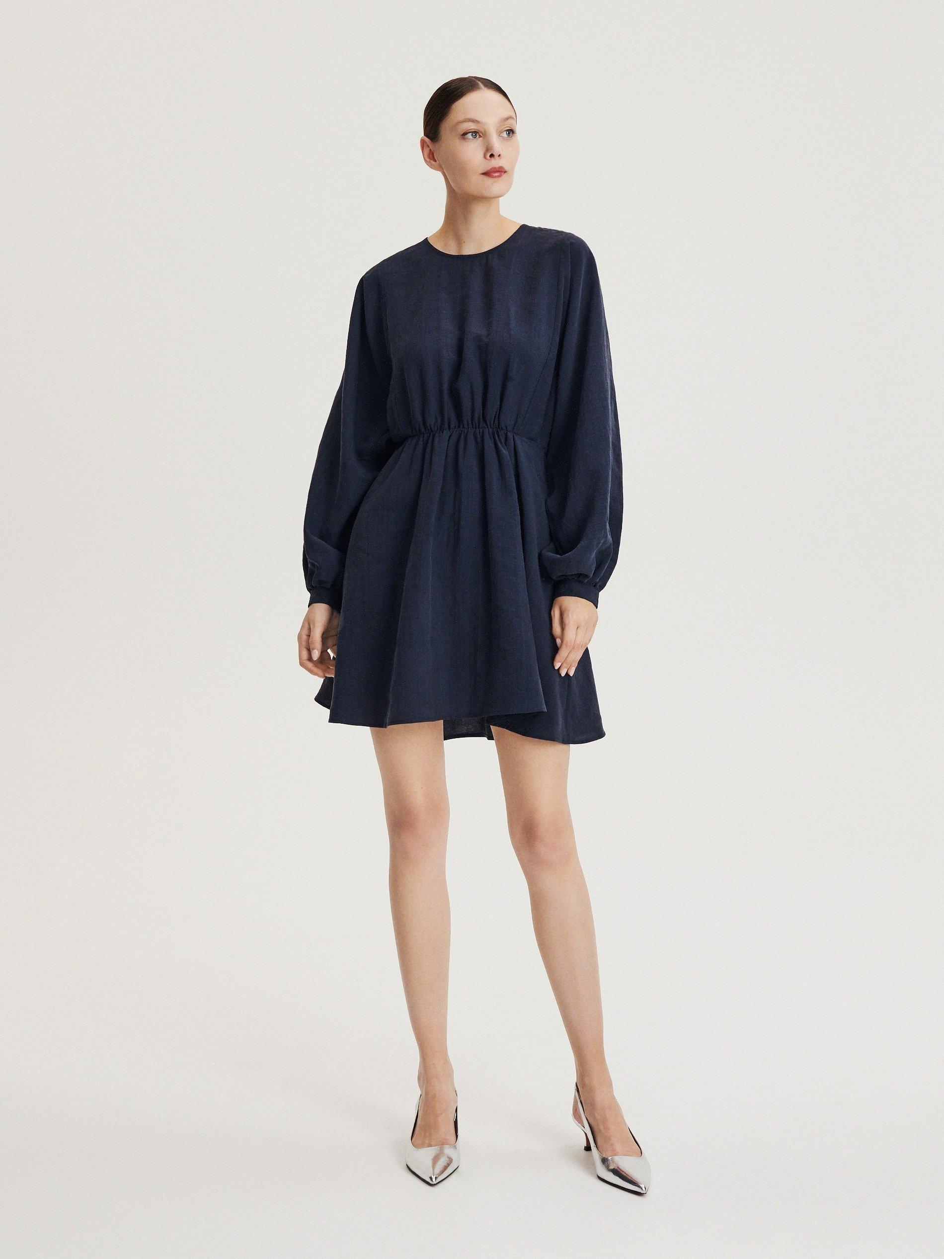 Navy Tencel Lyocell Rich Mini Dress, , large image number 0