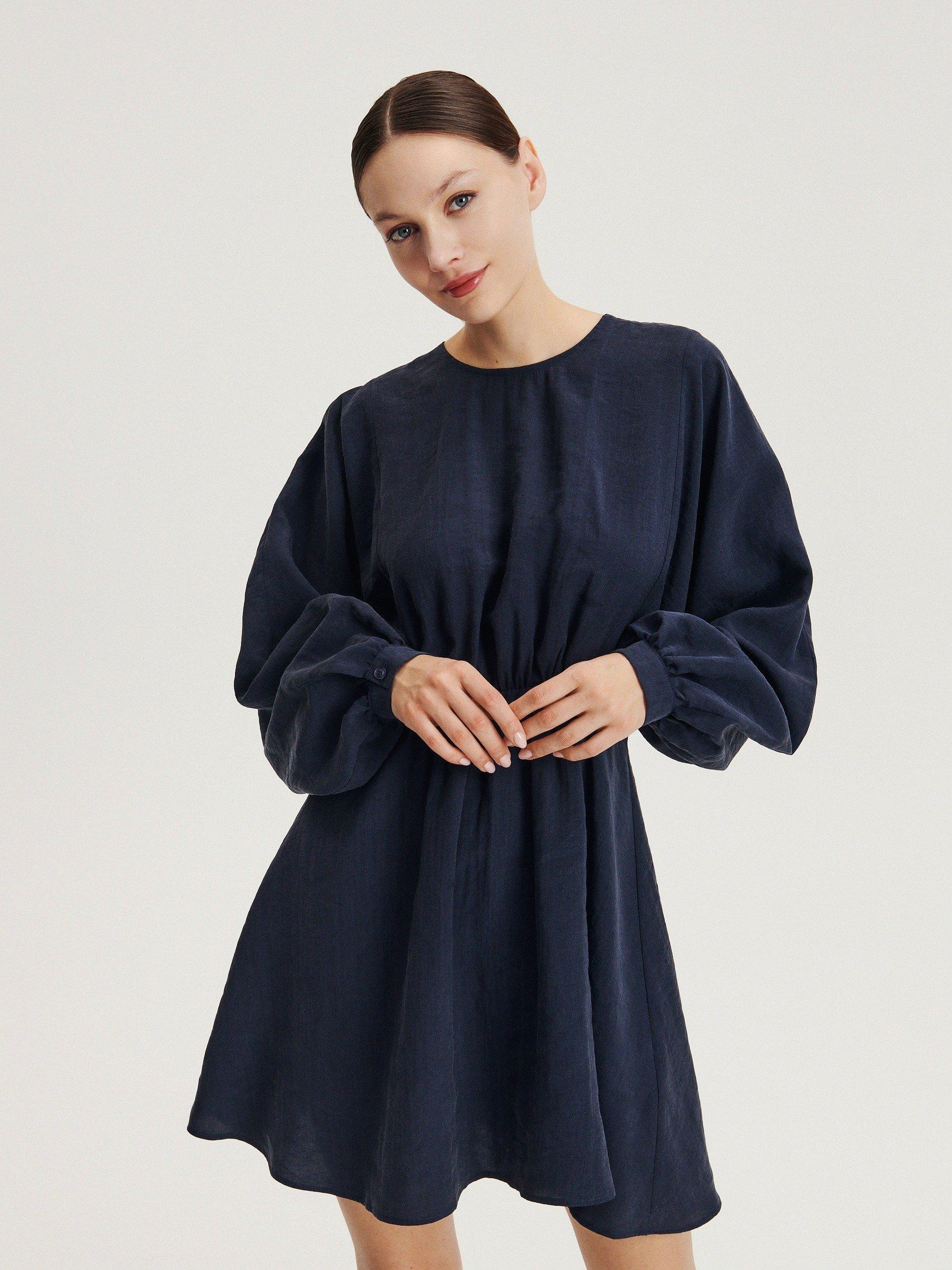 Navy Tencel Lyocell Rich Mini Dress, , large image number 1