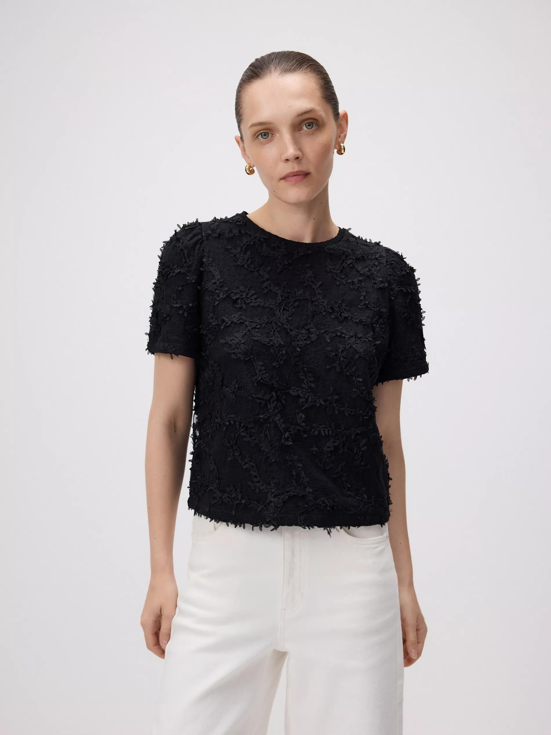 BLACK Top with appliques, Black, medium