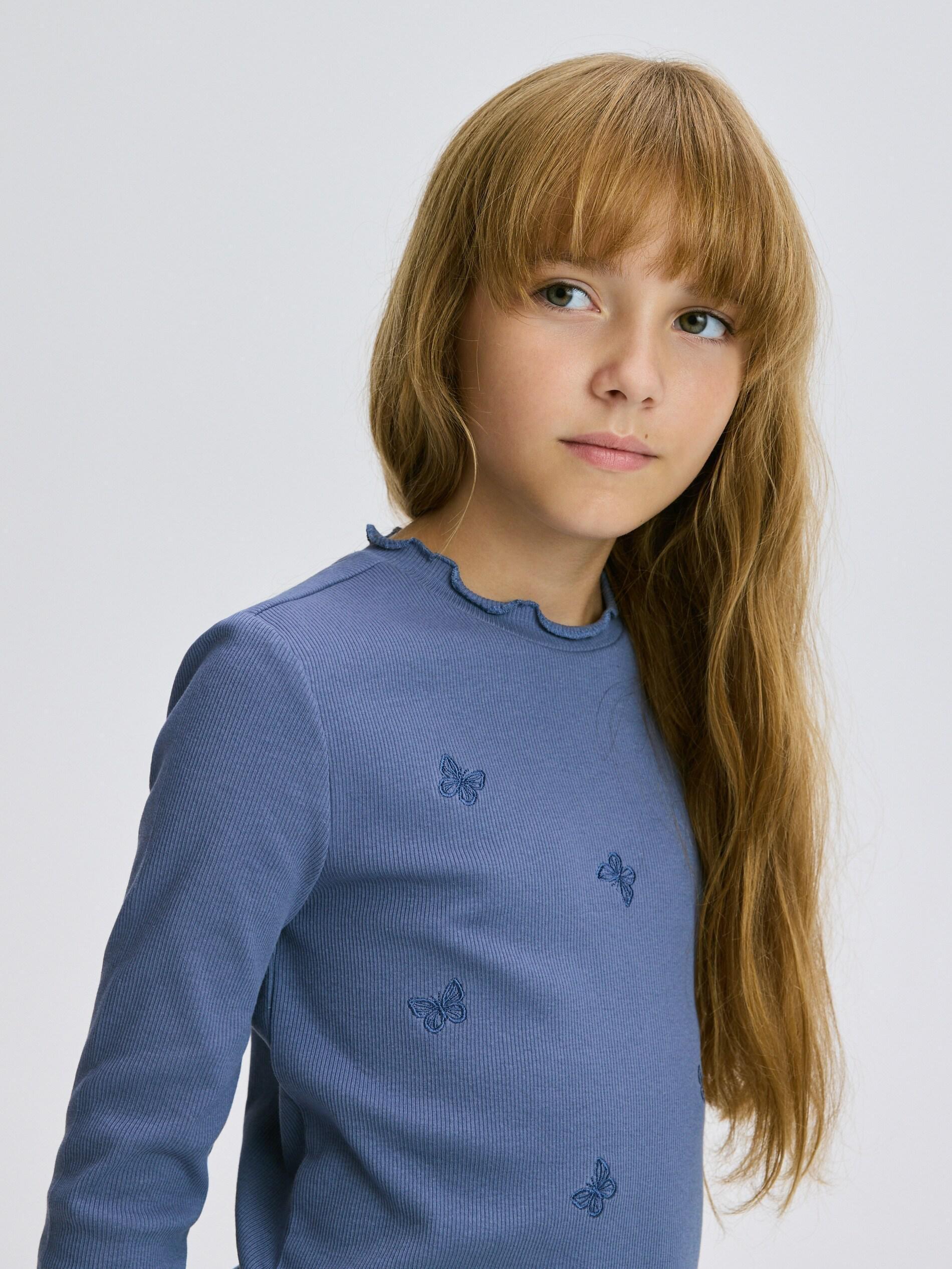 Navy Ribbed Shirt With Embroidery, Kids Girls, Blue, medium