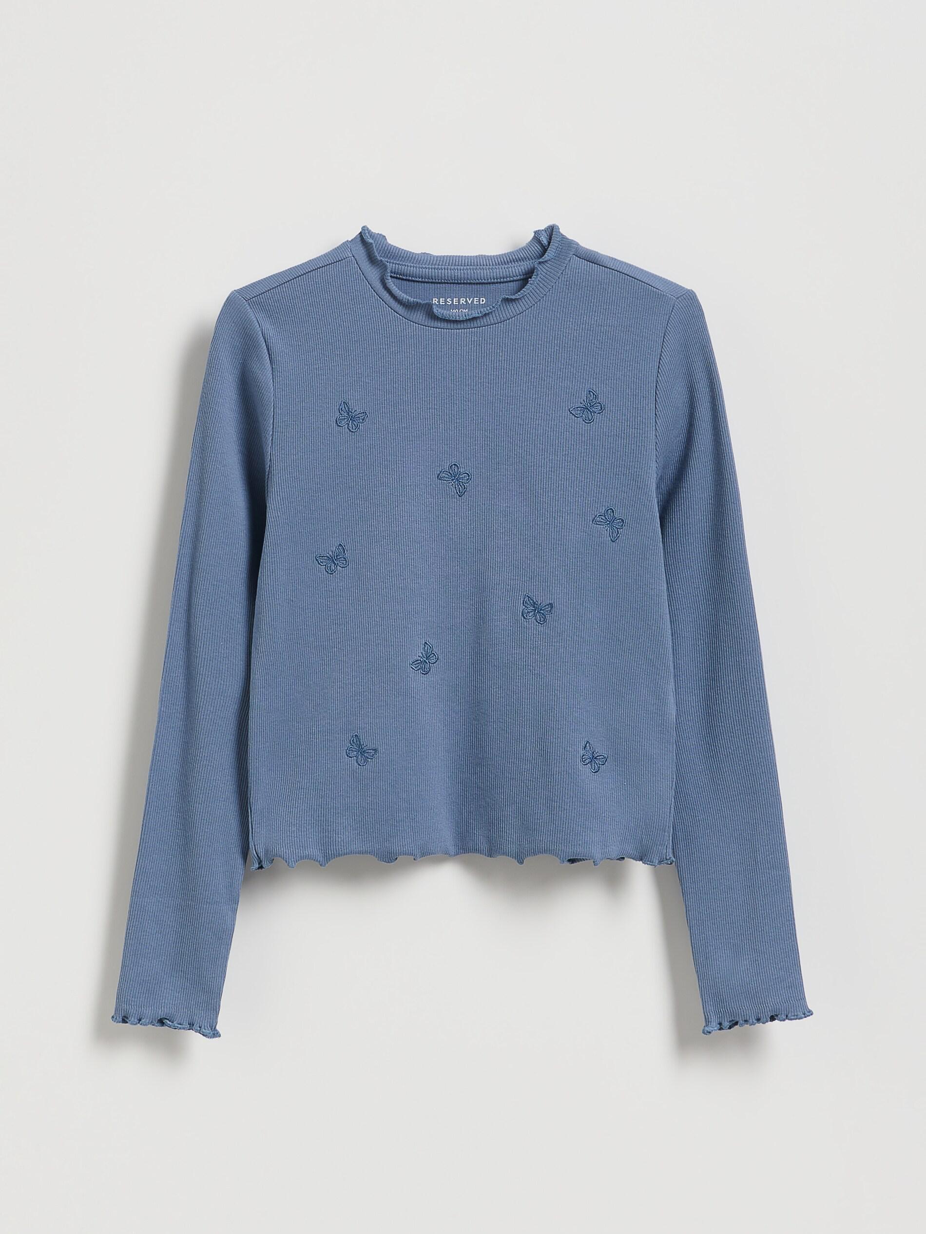 Navy Ribbed Shirt With Embroidery, Kids Girls, Blue, large image number 2