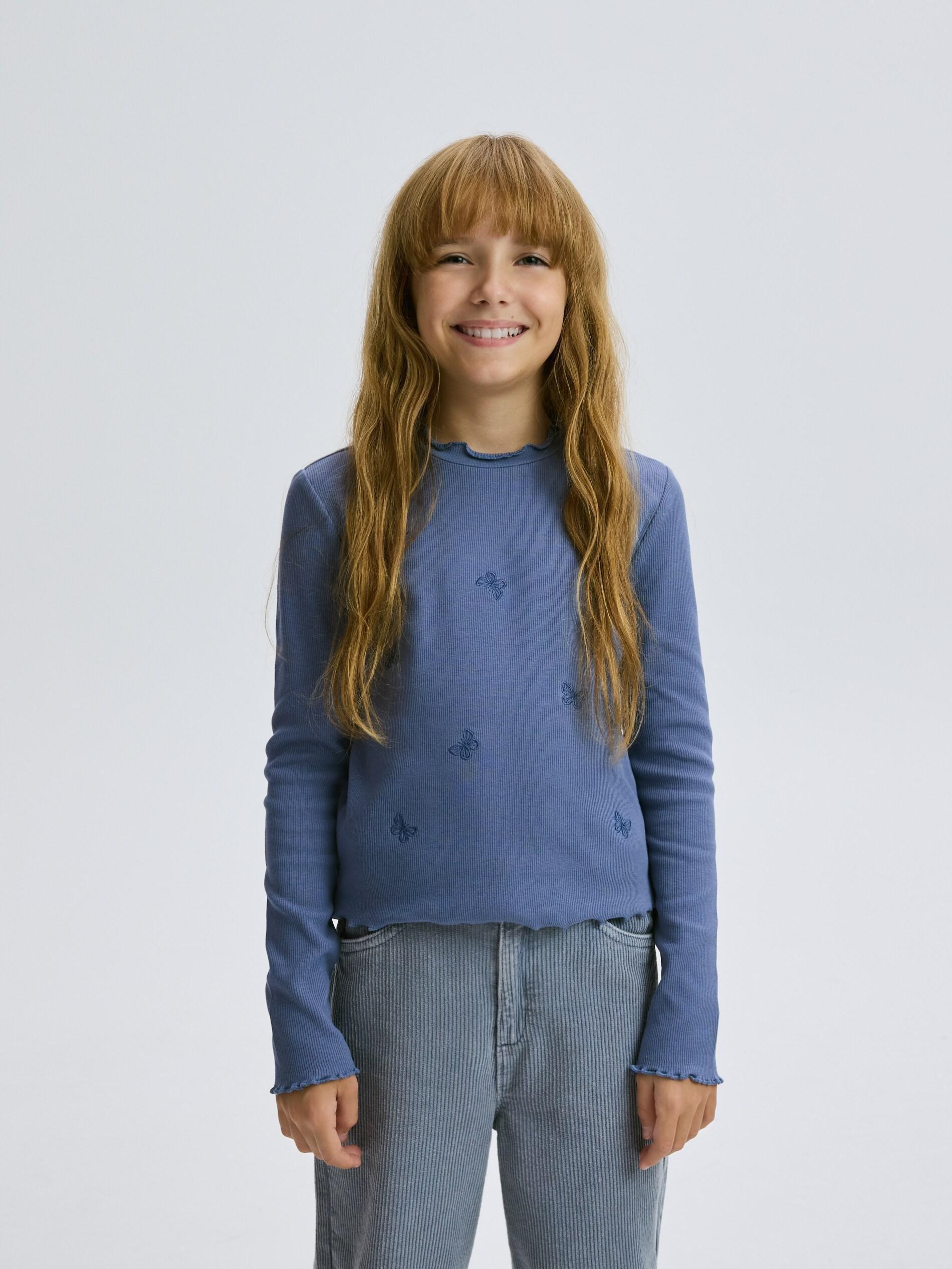 Navy Ribbed Shirt With Embroidery, Kids Girls, Blue, large image number 5