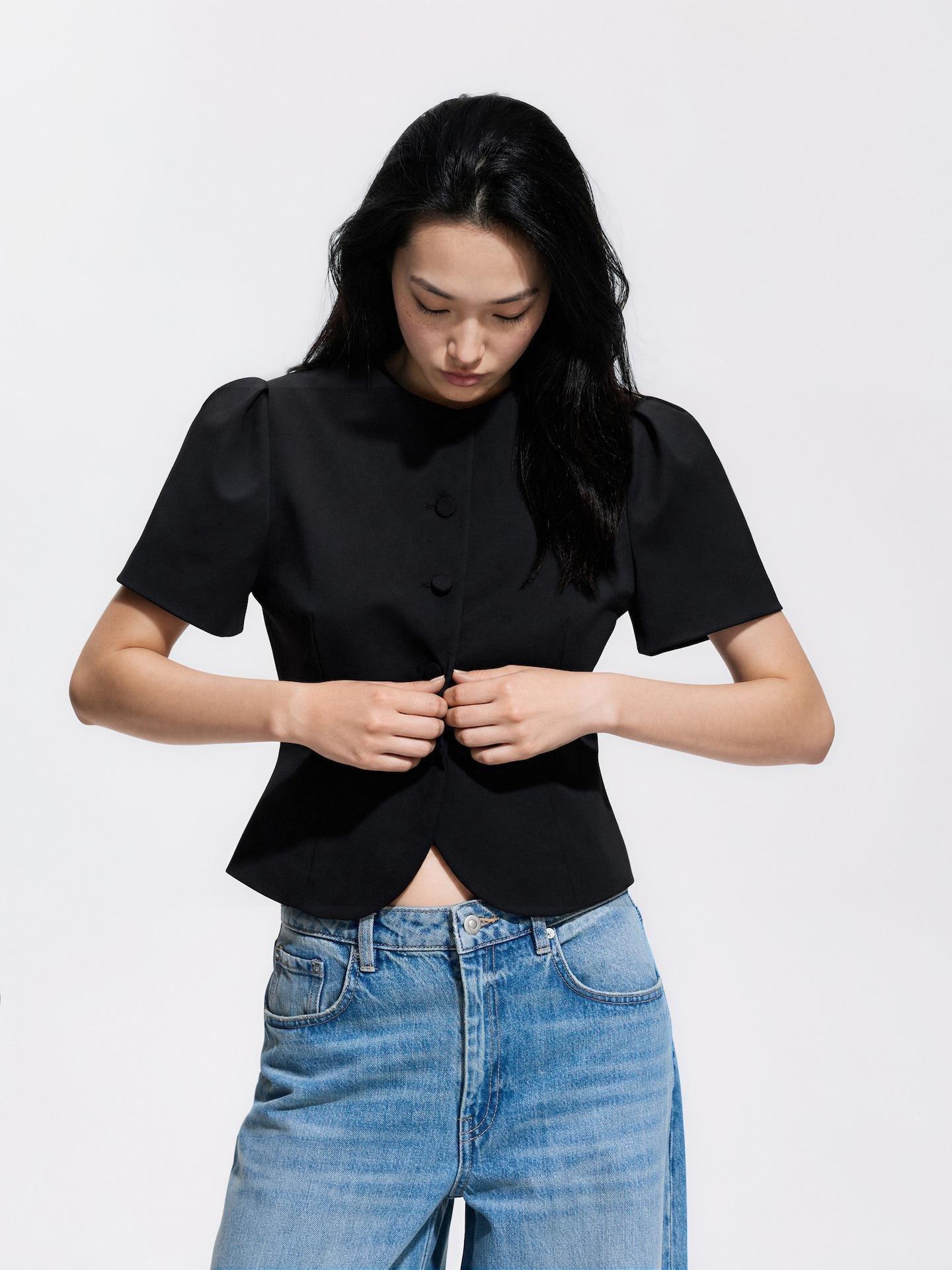 Black Short-Sleeved Blazer, Black, medium