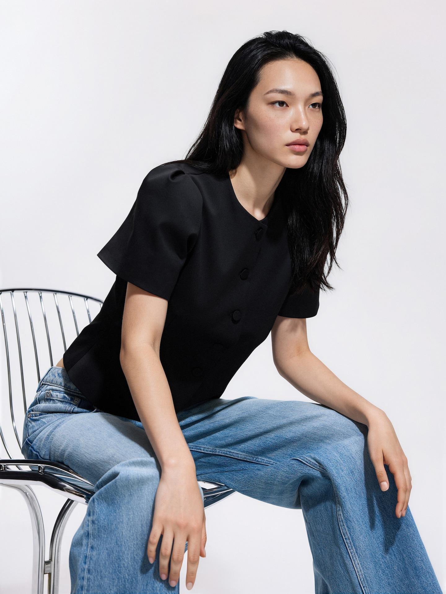 Black Short-Sleeved Blazer, Black, medium