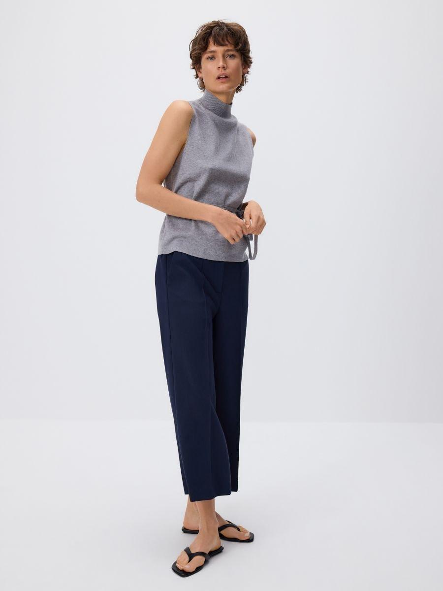 Navy Culotte Trousers With Pressed Crease, , medium