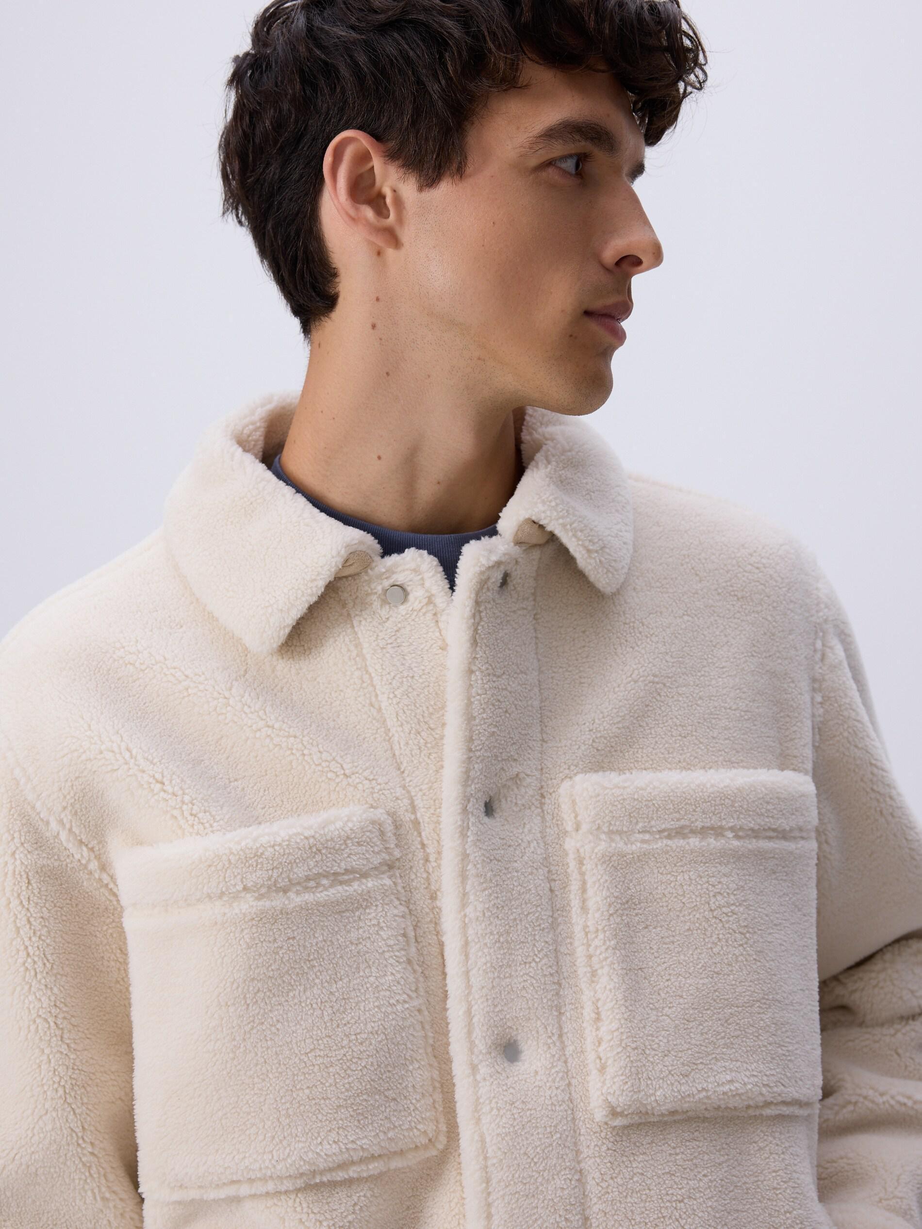Cream Sherpa Jacket With Collar, Ivory, large image number 5