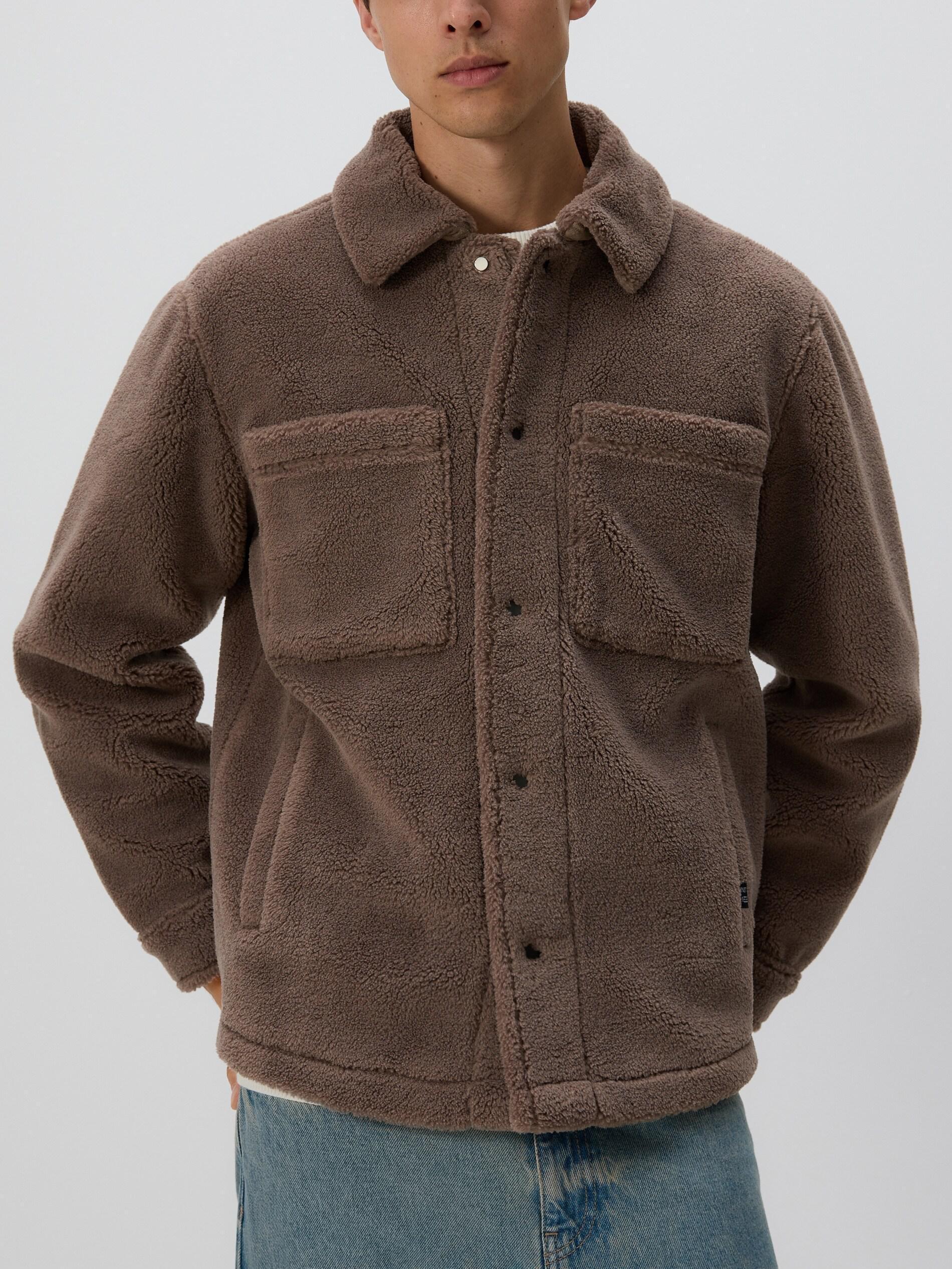 Brown Sherpa Jacket With Collar, Brown, medium