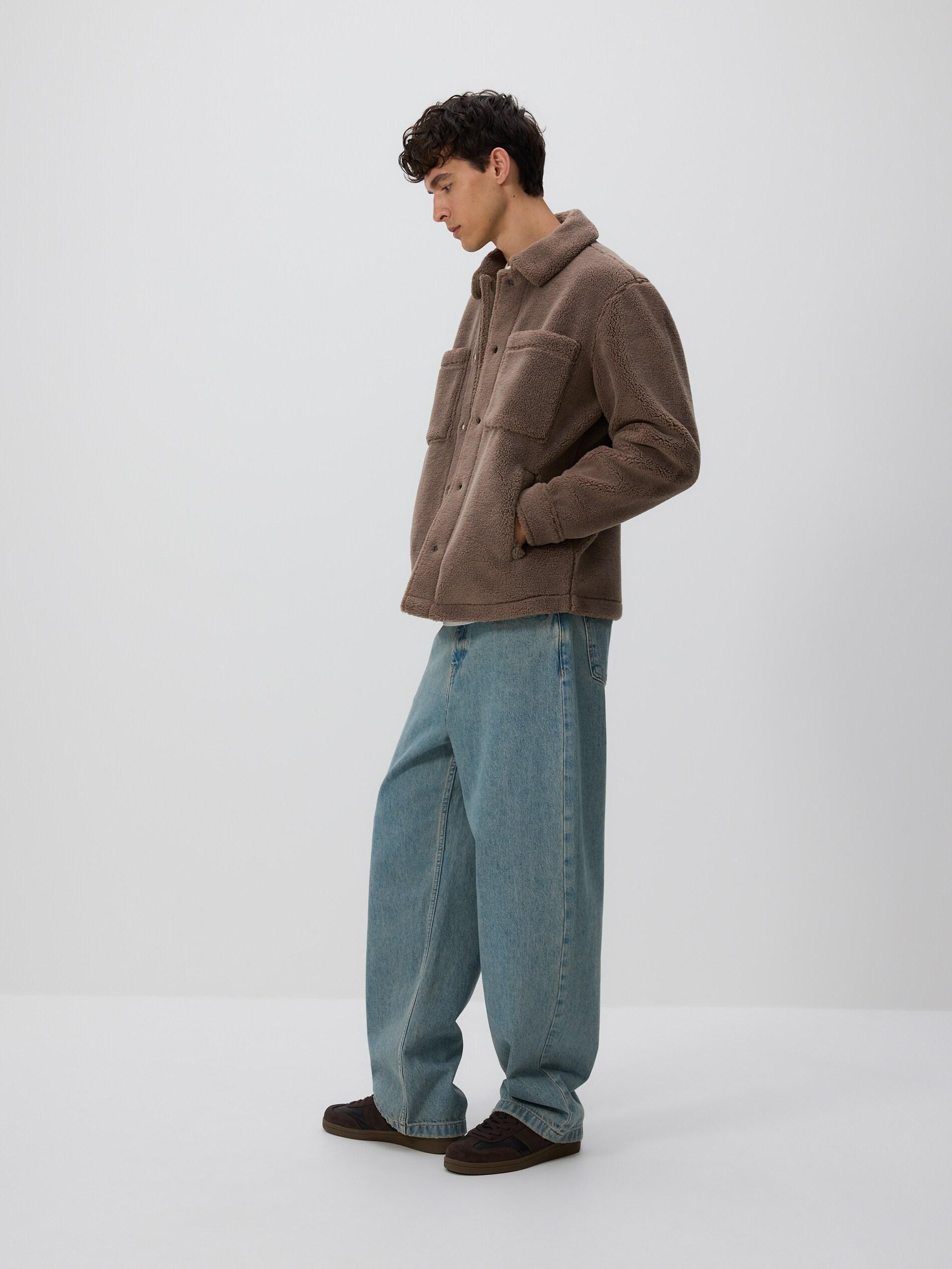 Brown Sherpa Jacket With Collar, Brown, large image number 1