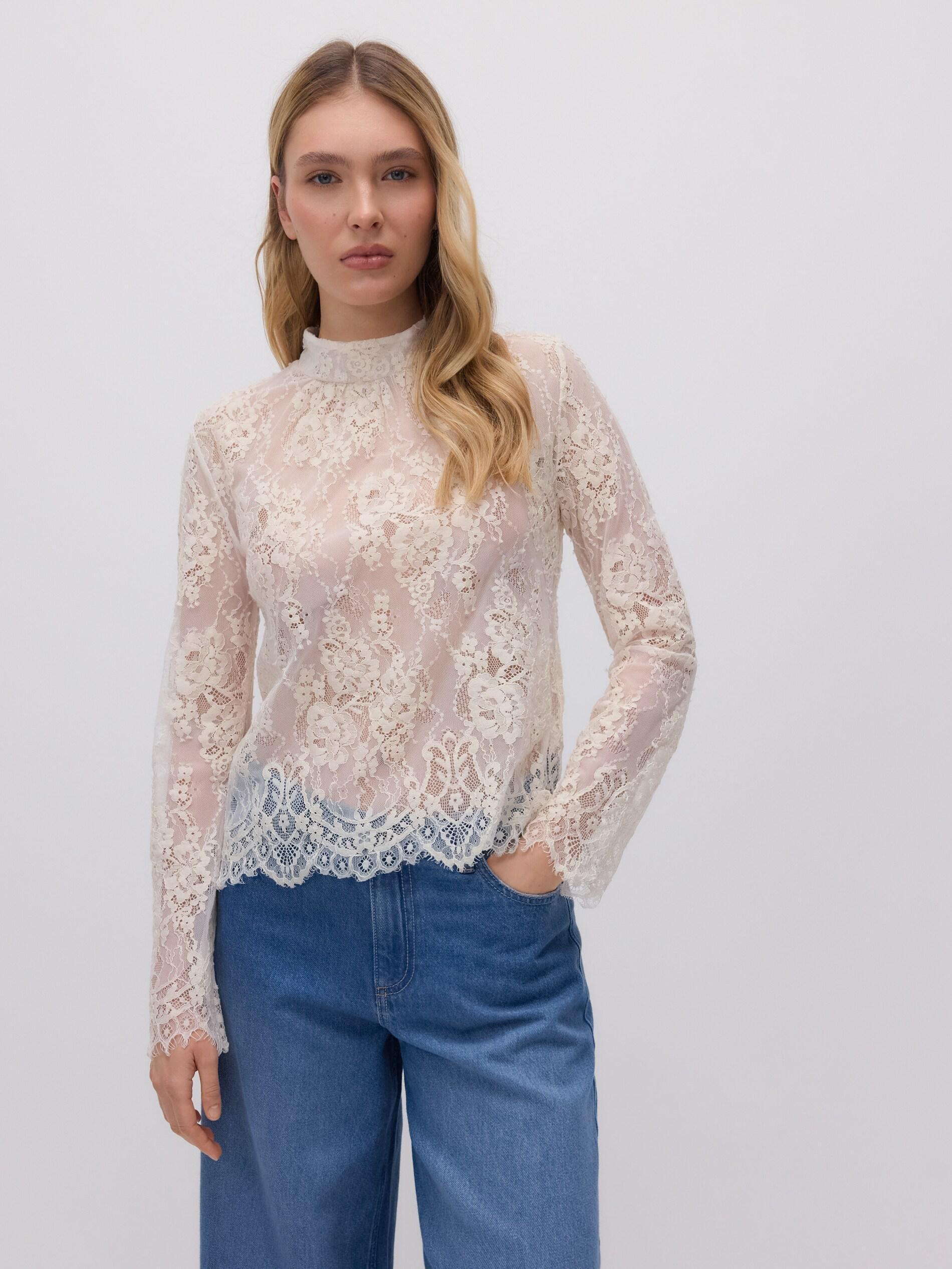 Beige Lace Blouse With Standing Collar, Ivory, large image number 1