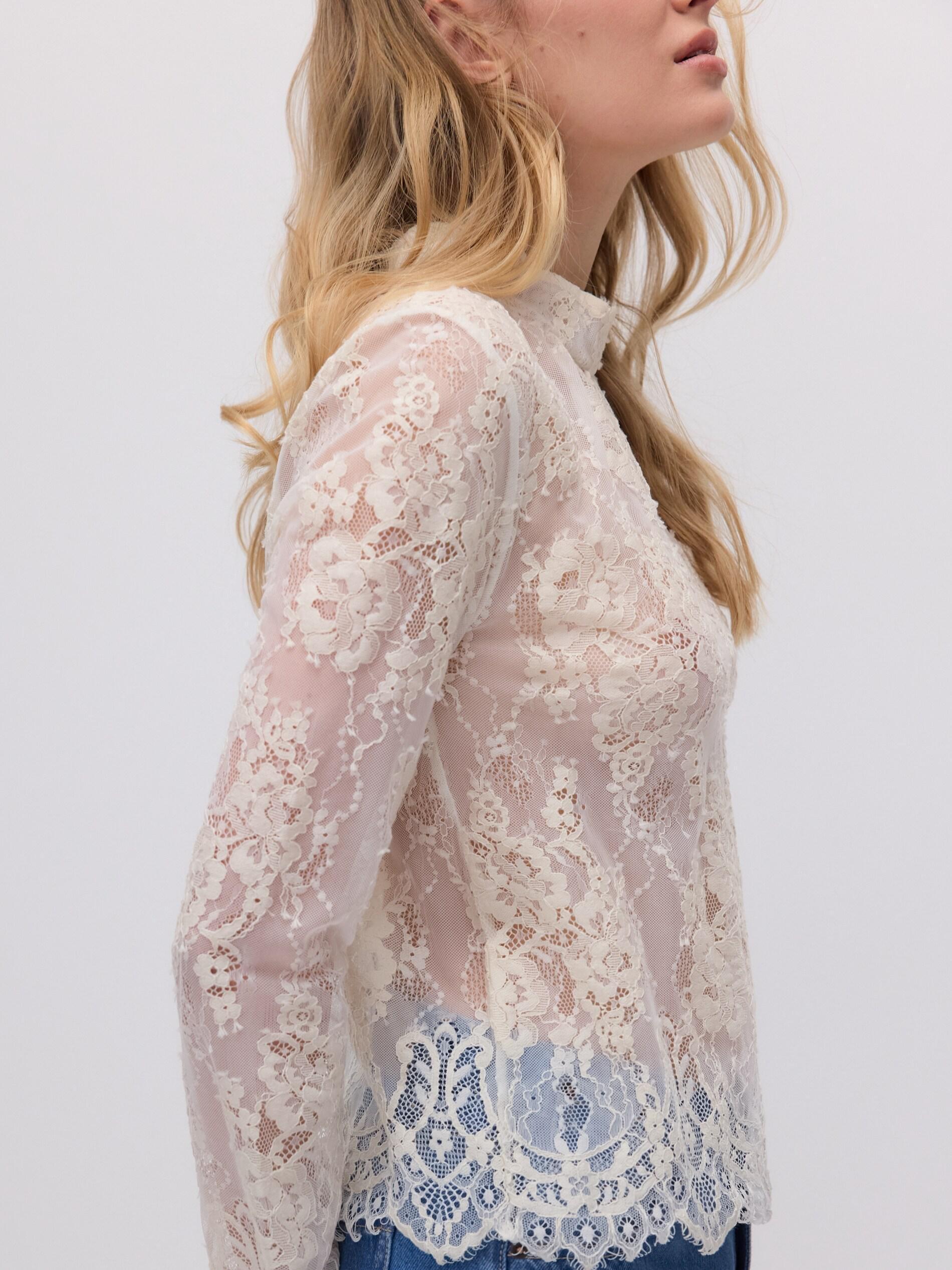 Beige Lace Blouse With Standing Collar, Ivory, large image number 3